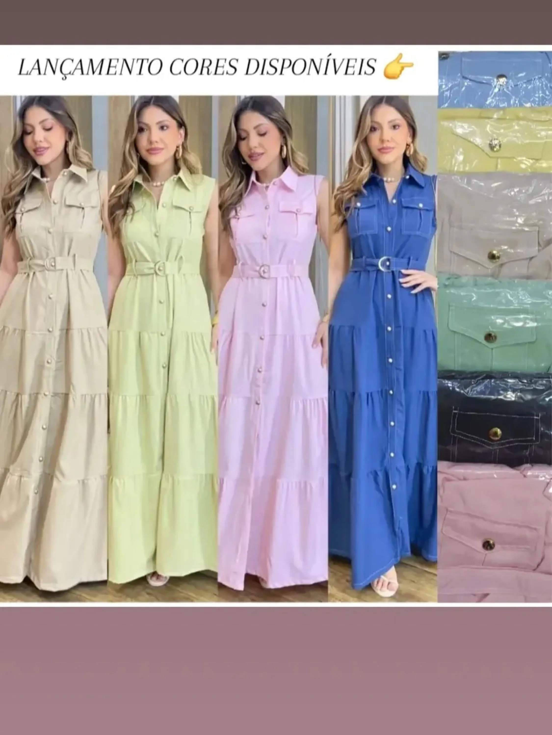 Vestido longo botões e fivela do cinto dourado