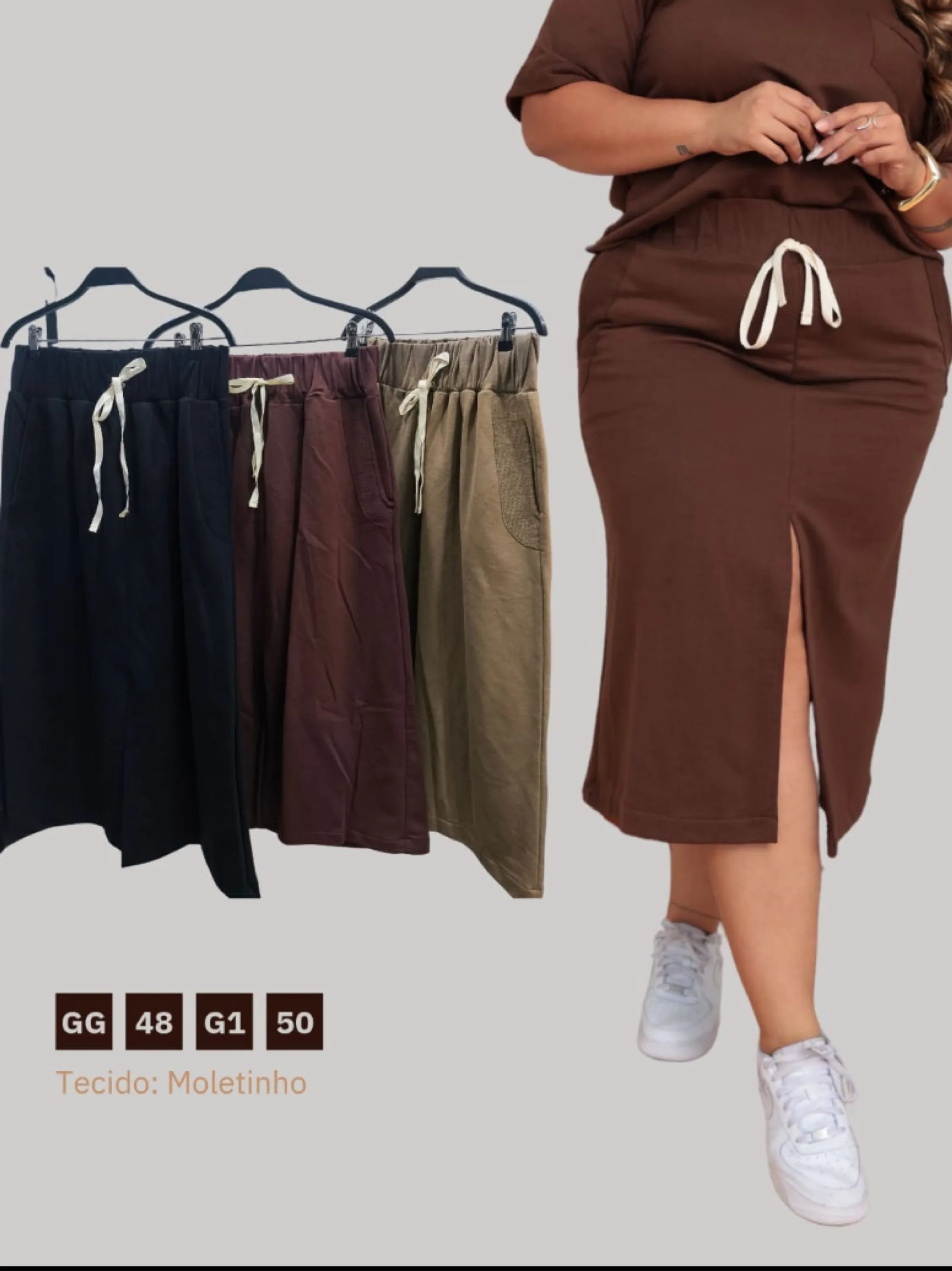 Saia mídi com fenda na frente plus size tecido moletinho