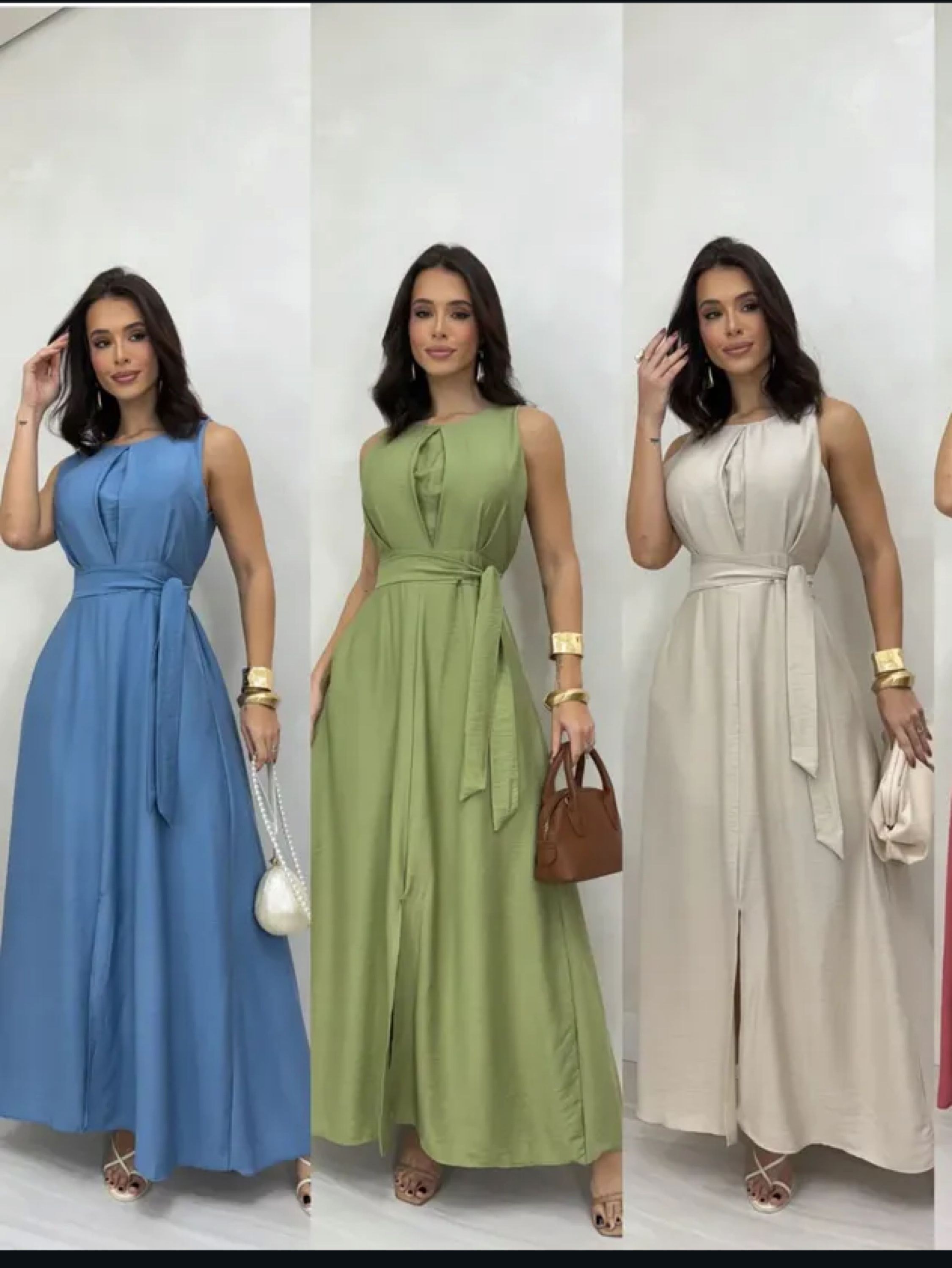 Vestido longo ,detalhe no busto ,Borjo e faixa