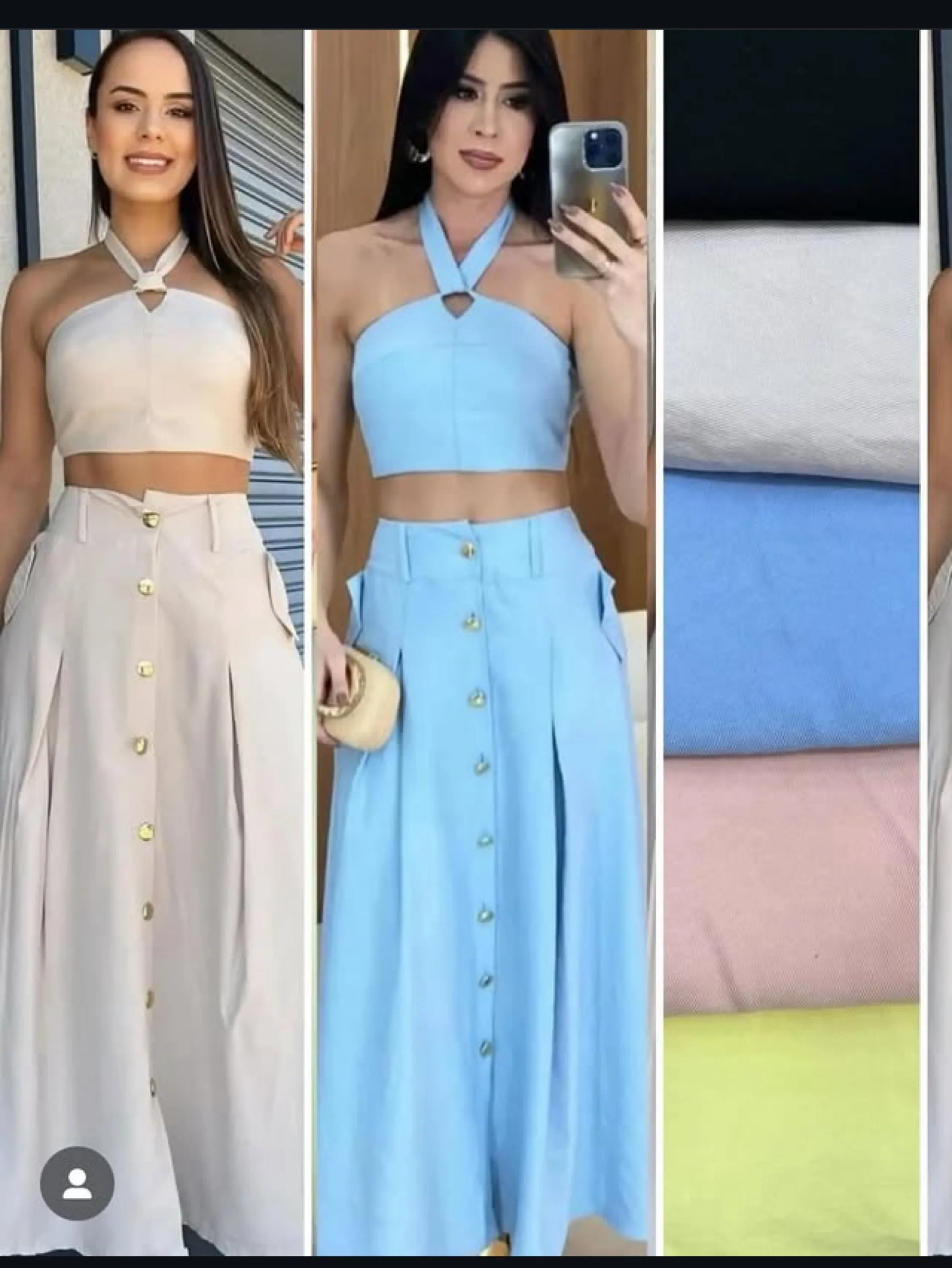 Conjunto saia longa com botões dourado e cropped