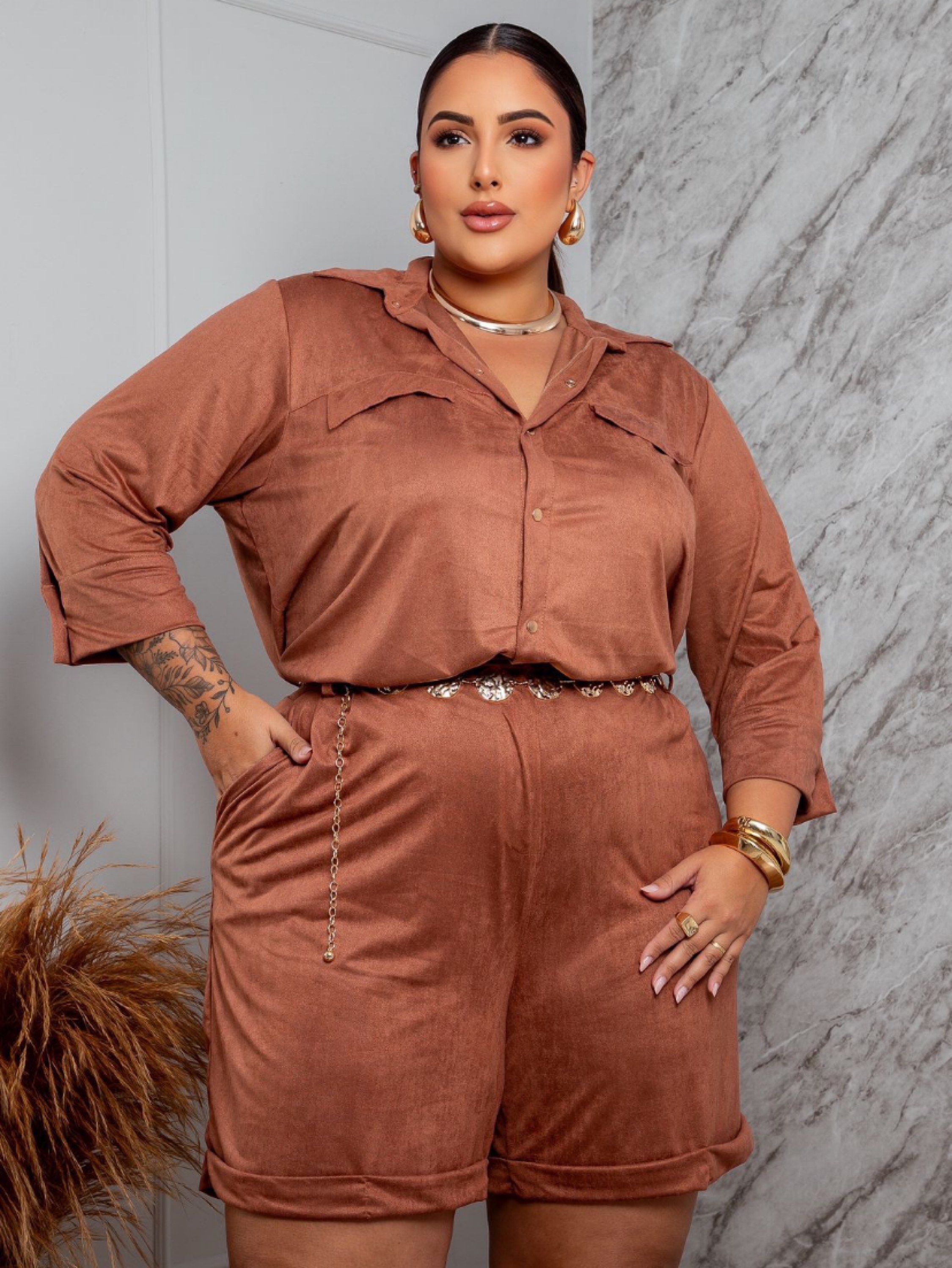 Conjunto shorts e blusa manga 3/4