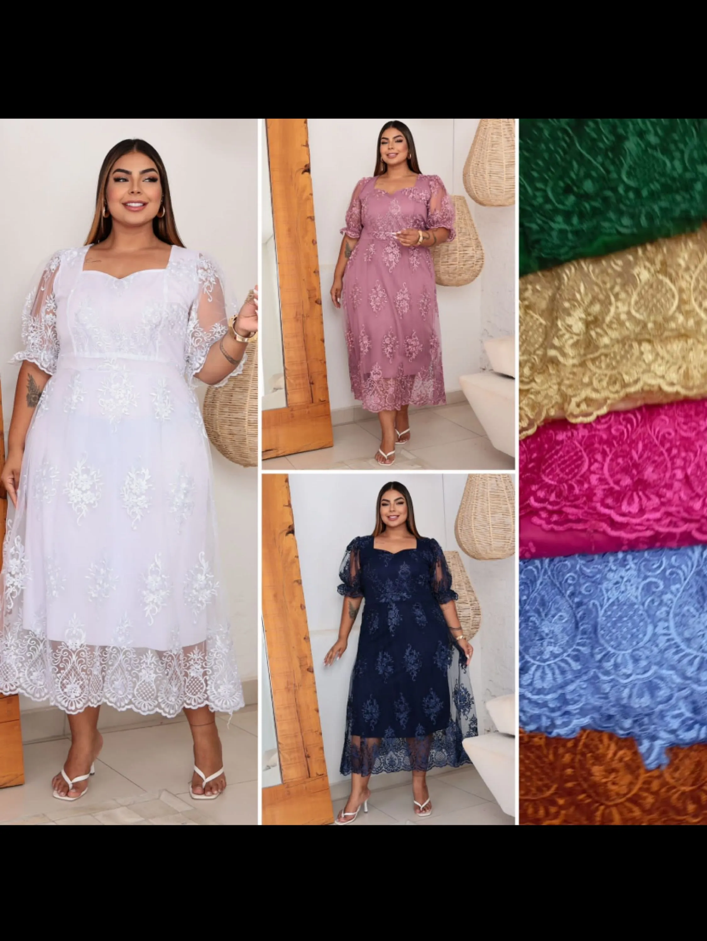 Vestido plus size midi tule bordado forrada