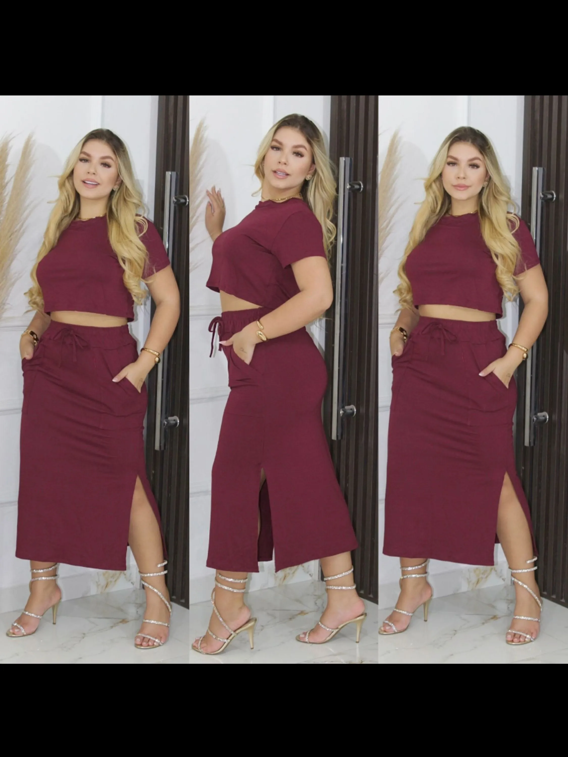 Conjunto saia midi com fenda e cropped tecido moletinho