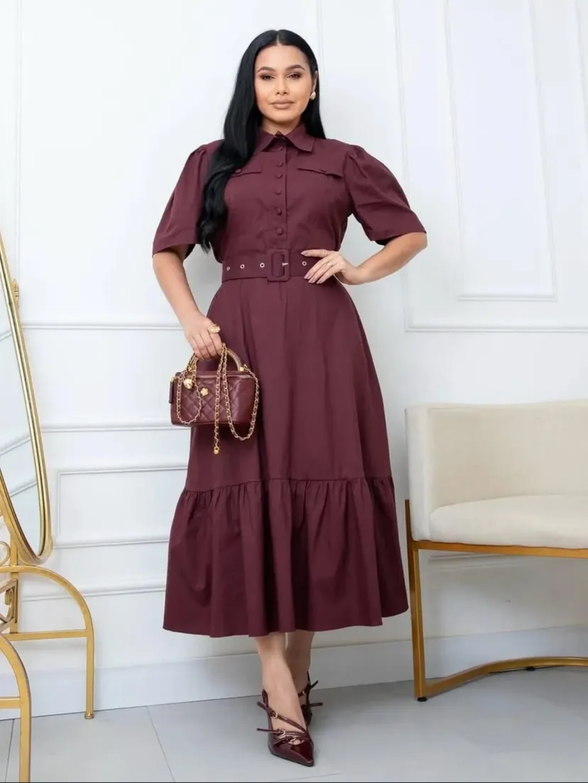 Vestido mídi de manga com botões no busto