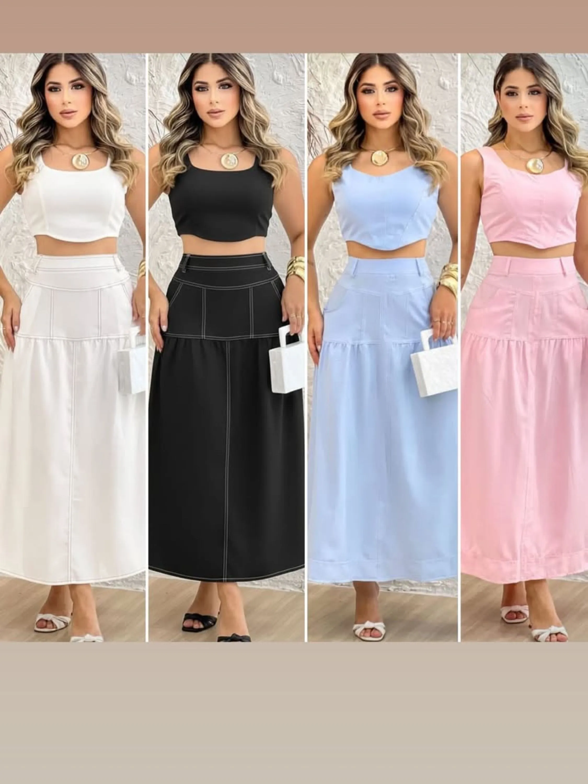 Conjunto saia midi e crooped regata tecido  marrante