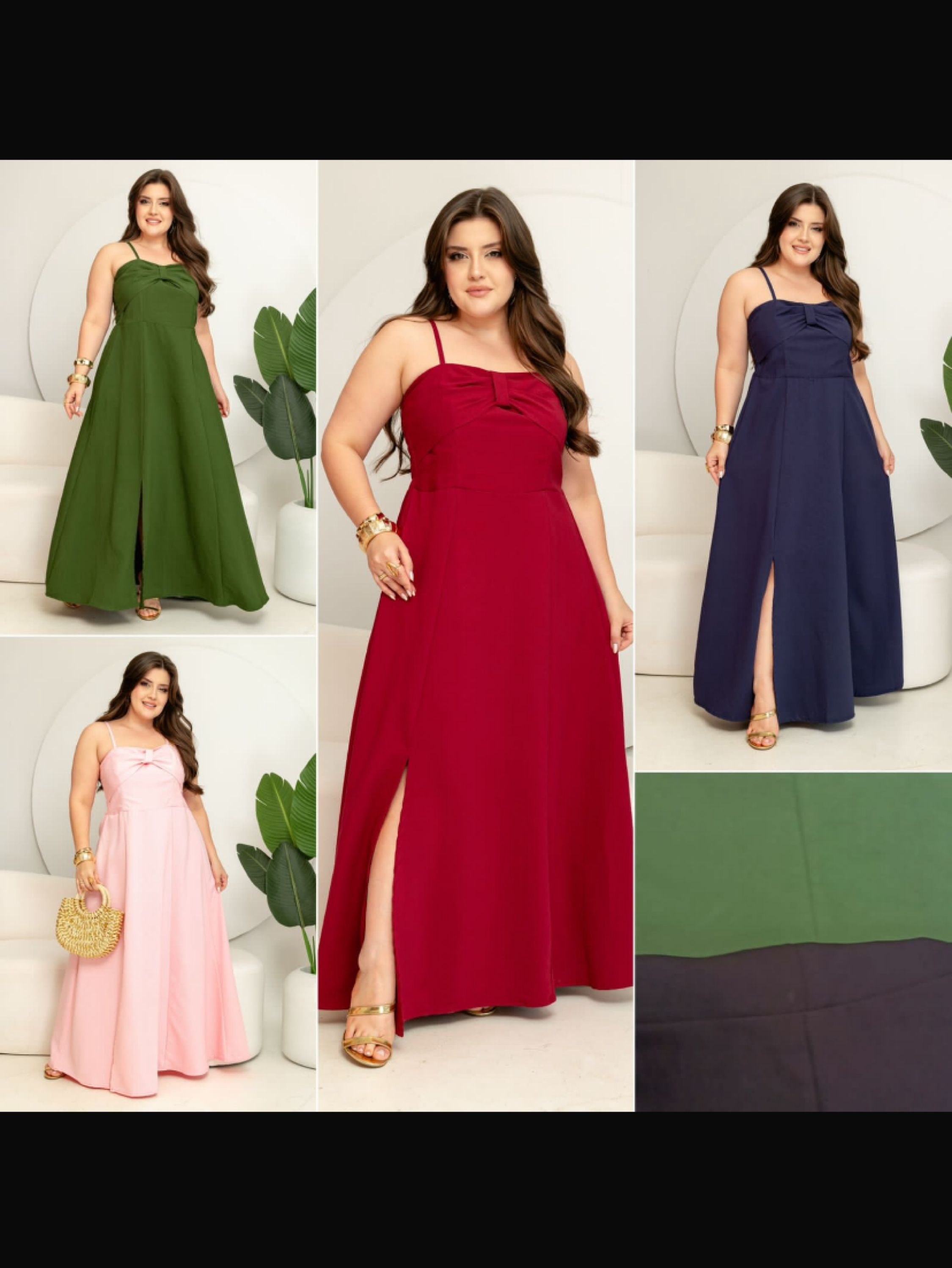 Vestido longo de alça regulável e fenda tecido marrante