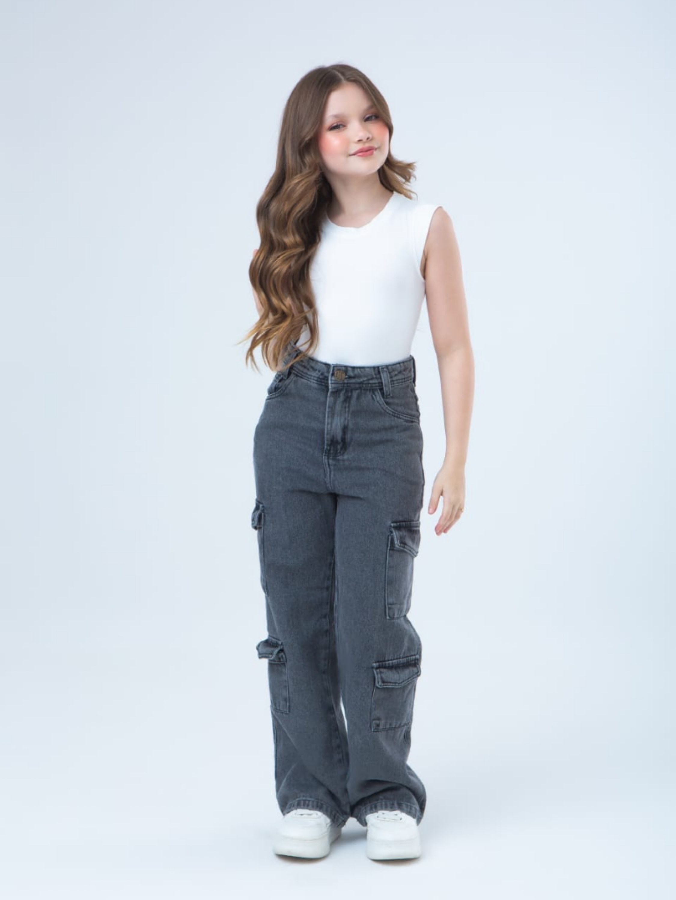 Calça jeans cargo 4 bolsos juvenil