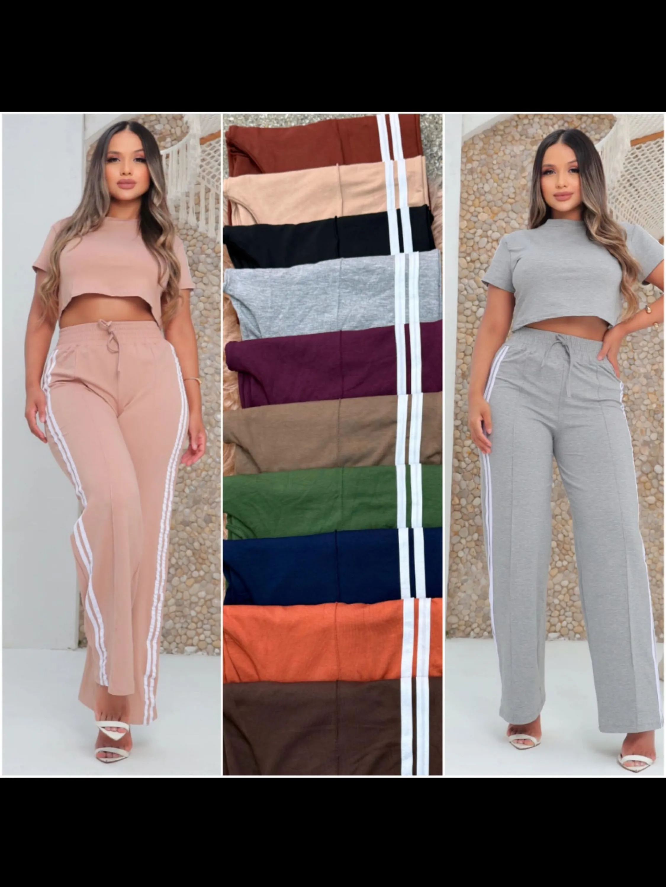 Conjunto pantalona com listra e cropped em Moletinho