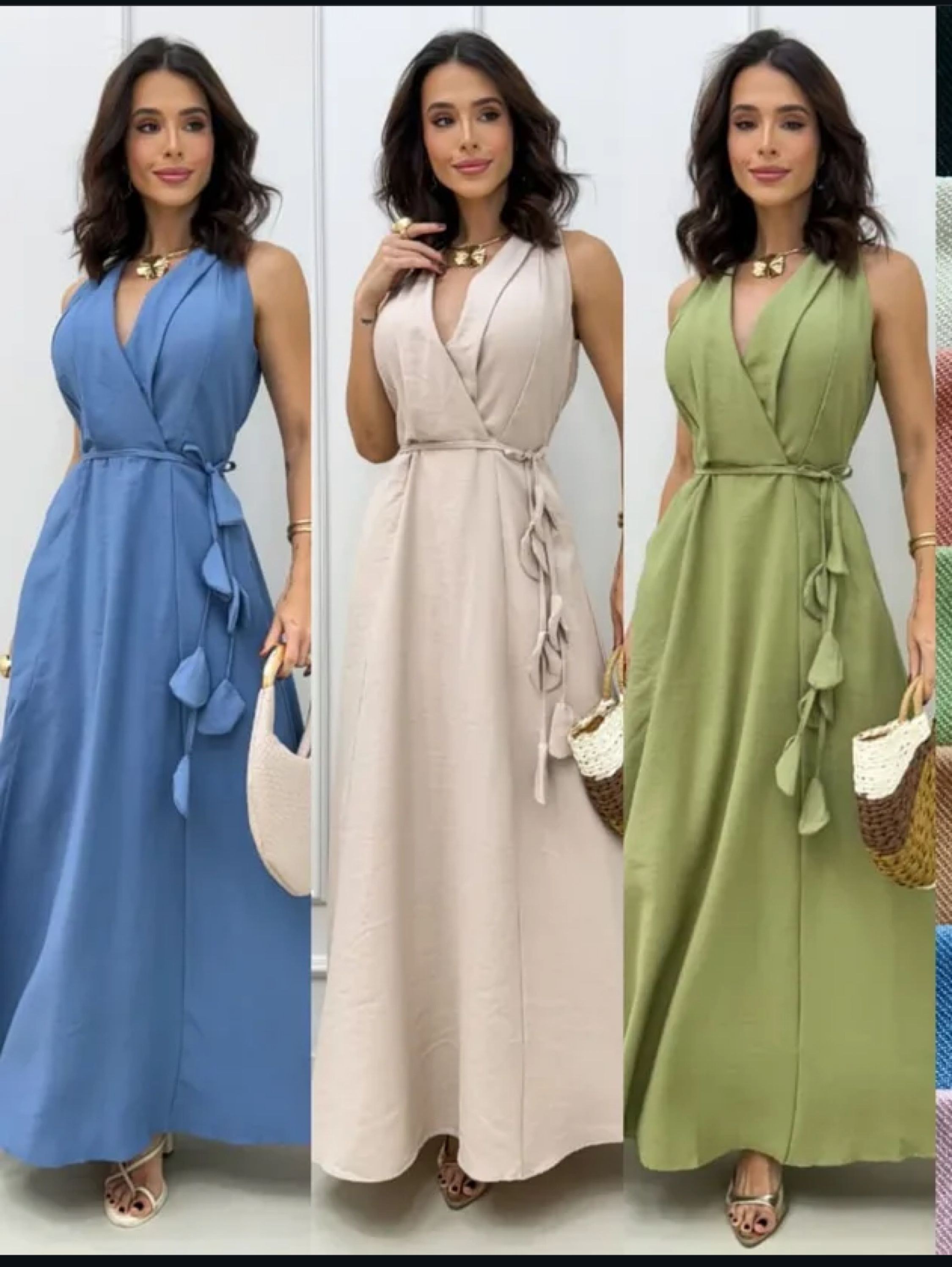 Vestido longo com decote ,Borjo e cinto