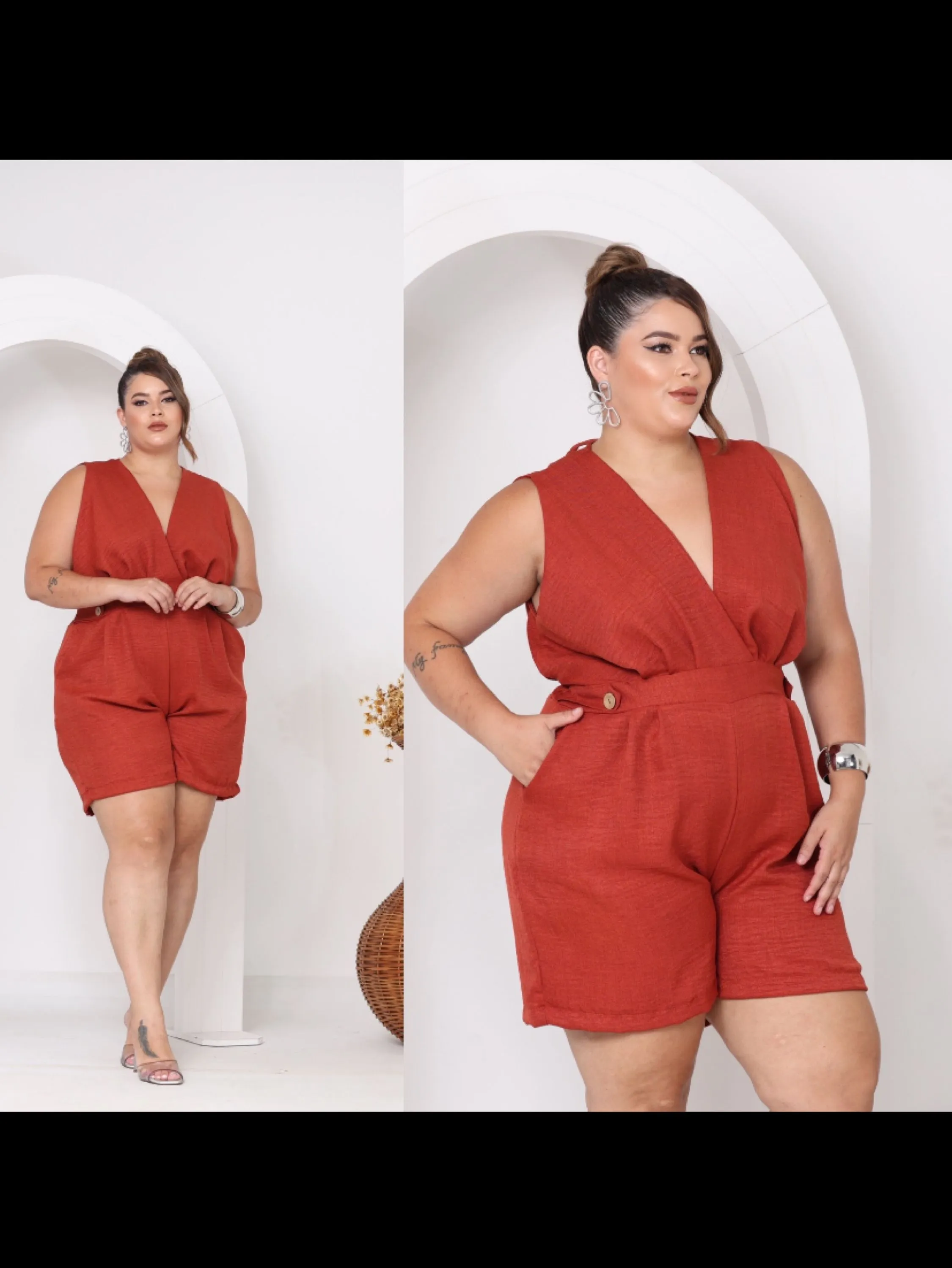 Macaquinho plus size tecido Duna linho veste do Gg ao G2