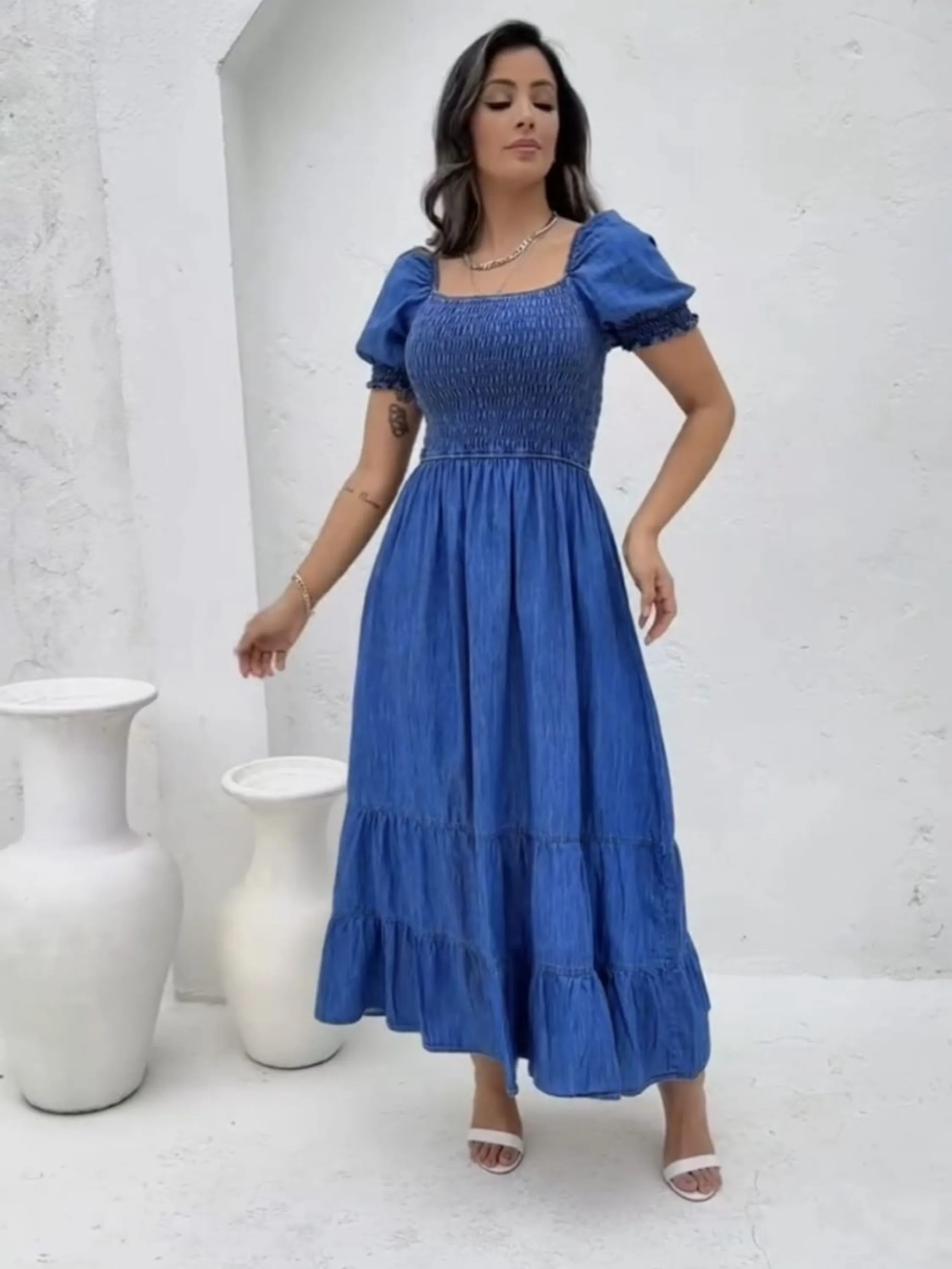 Vestido jeans ciganinha com lastex na parte de cima