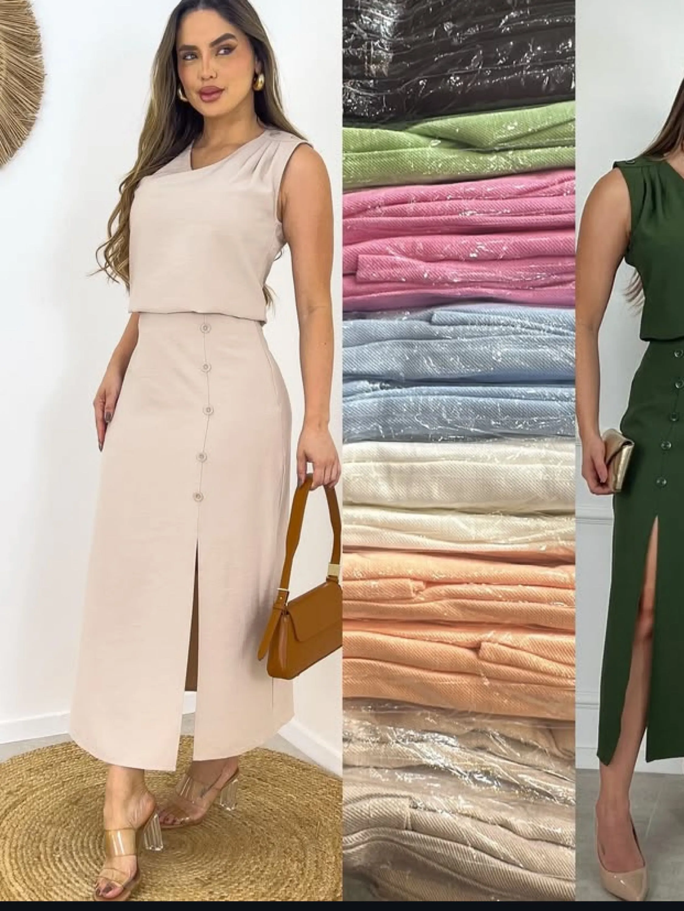 Conjunto saia midi com fenda e regata em V tecido sensorial