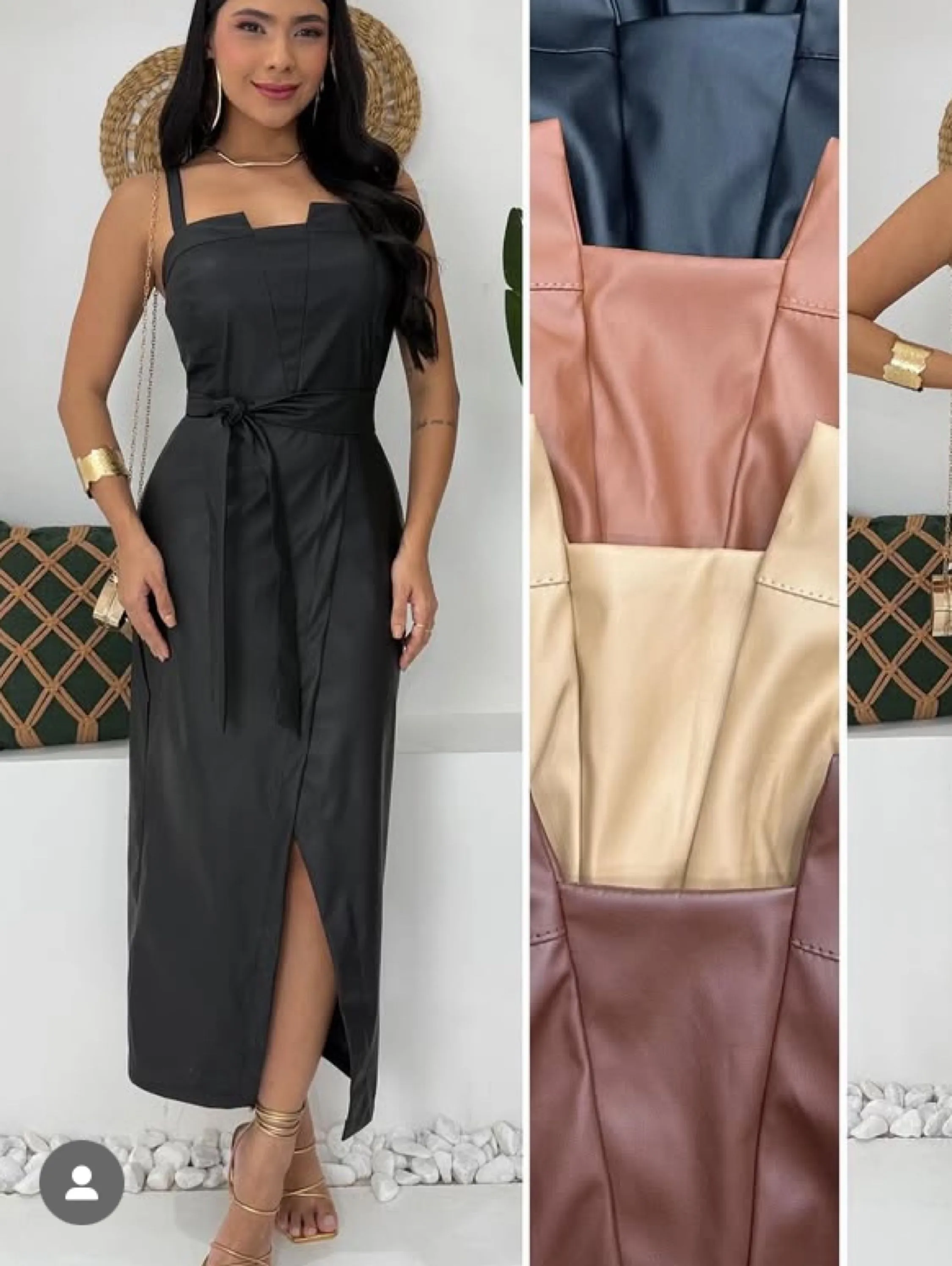 Vestido longo alça grossa e cinto tecido courino fake