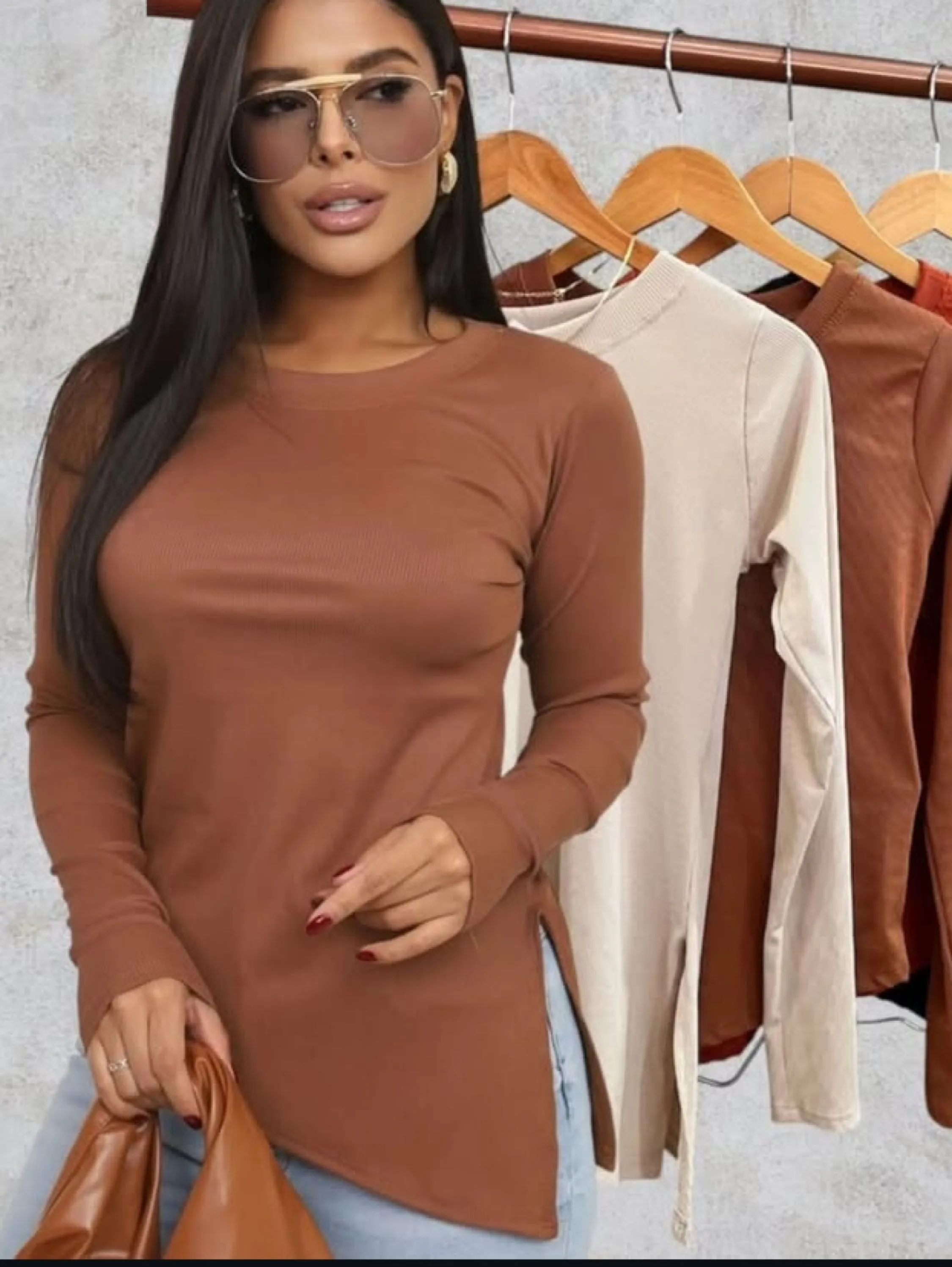 Blusa manga longa assimétrica tecido Ribana