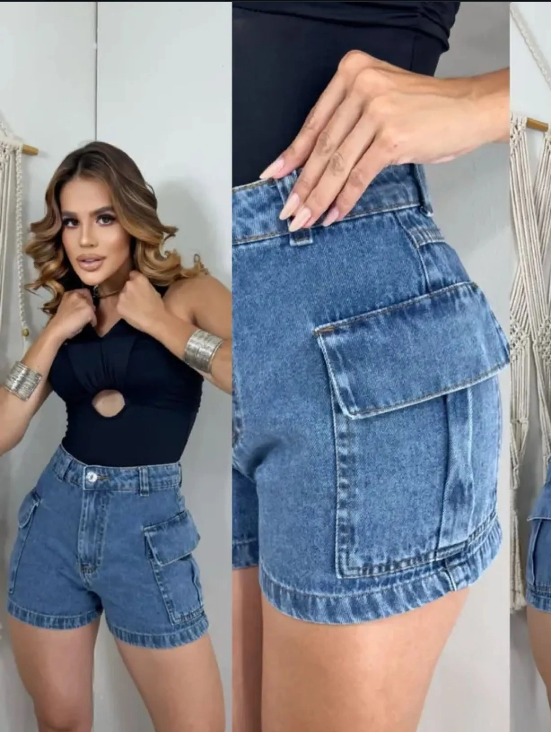 Shorts jeans cargo sem bolso atrás cintura alta