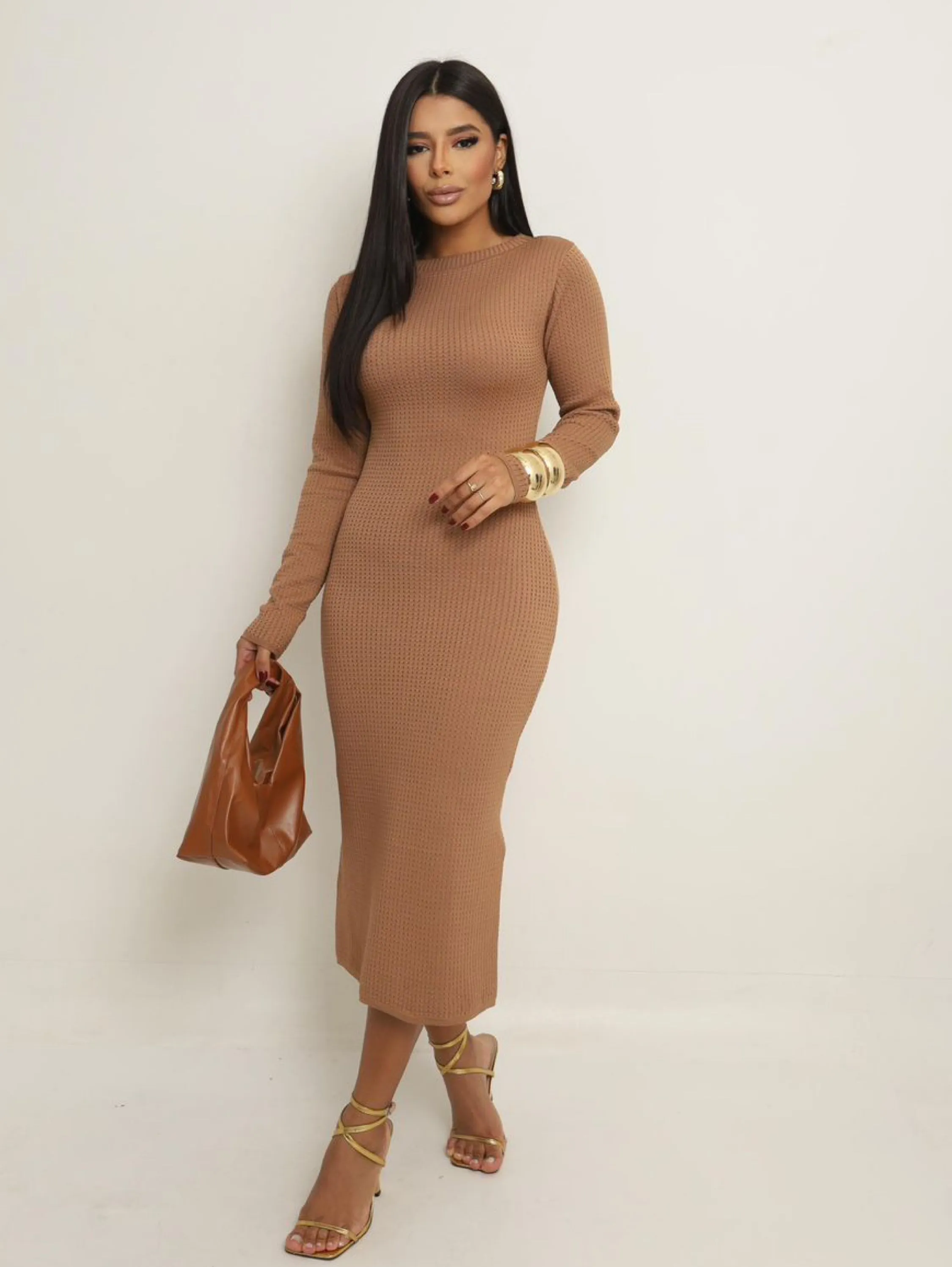 Vestido Catarina manga longa com fenda em modal