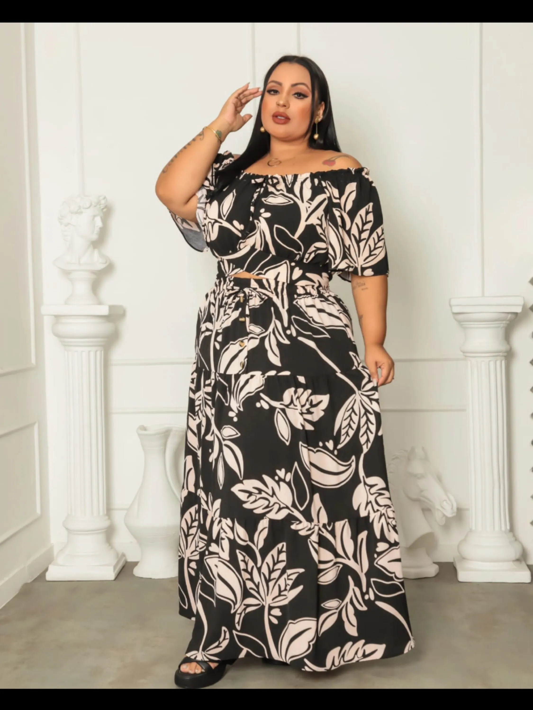 Conjunto Cropped e saia longa Plus size tecido Duna (New platium 9003)