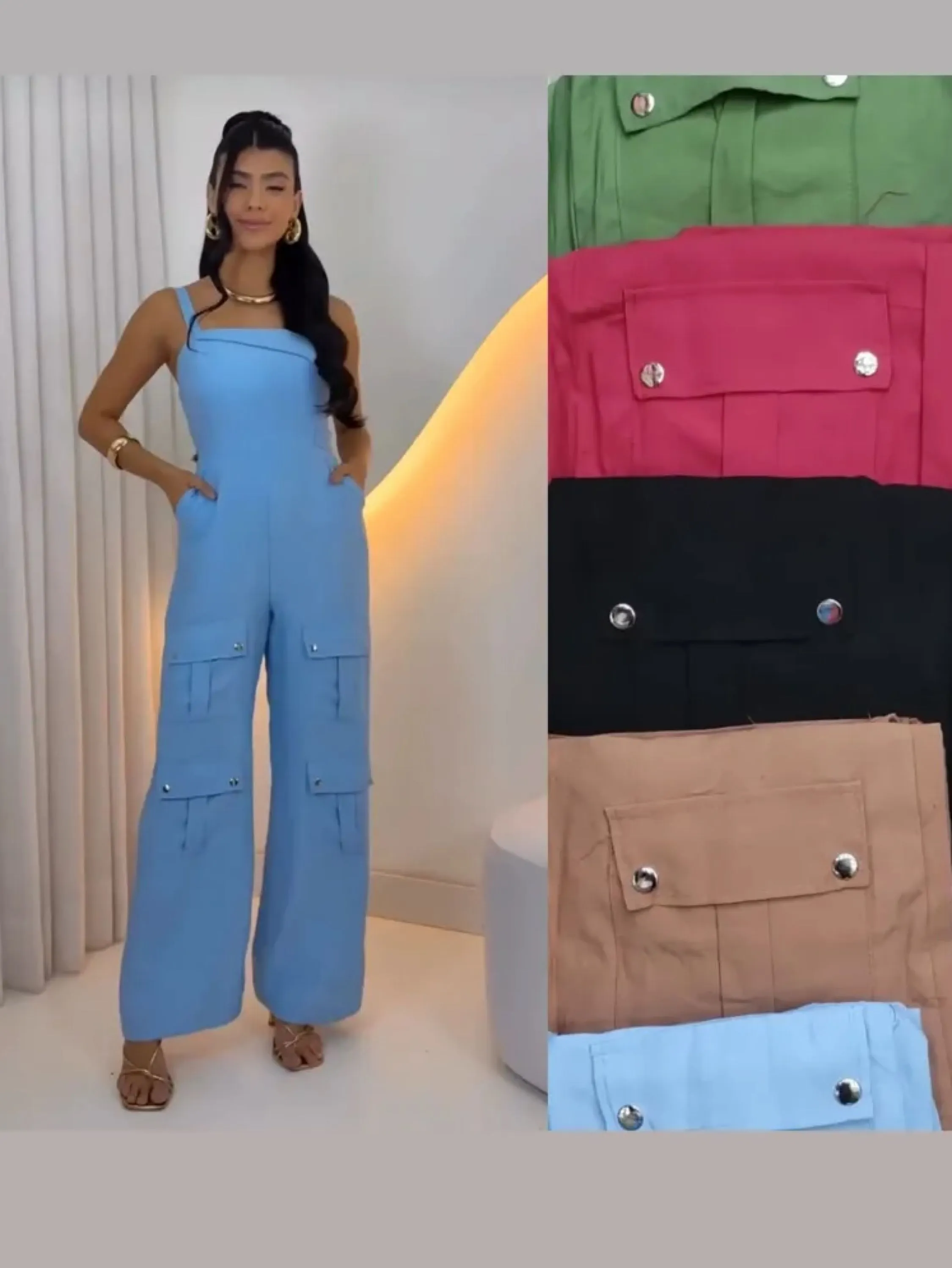 Macacão pantalona cargo com bolsos frontais
