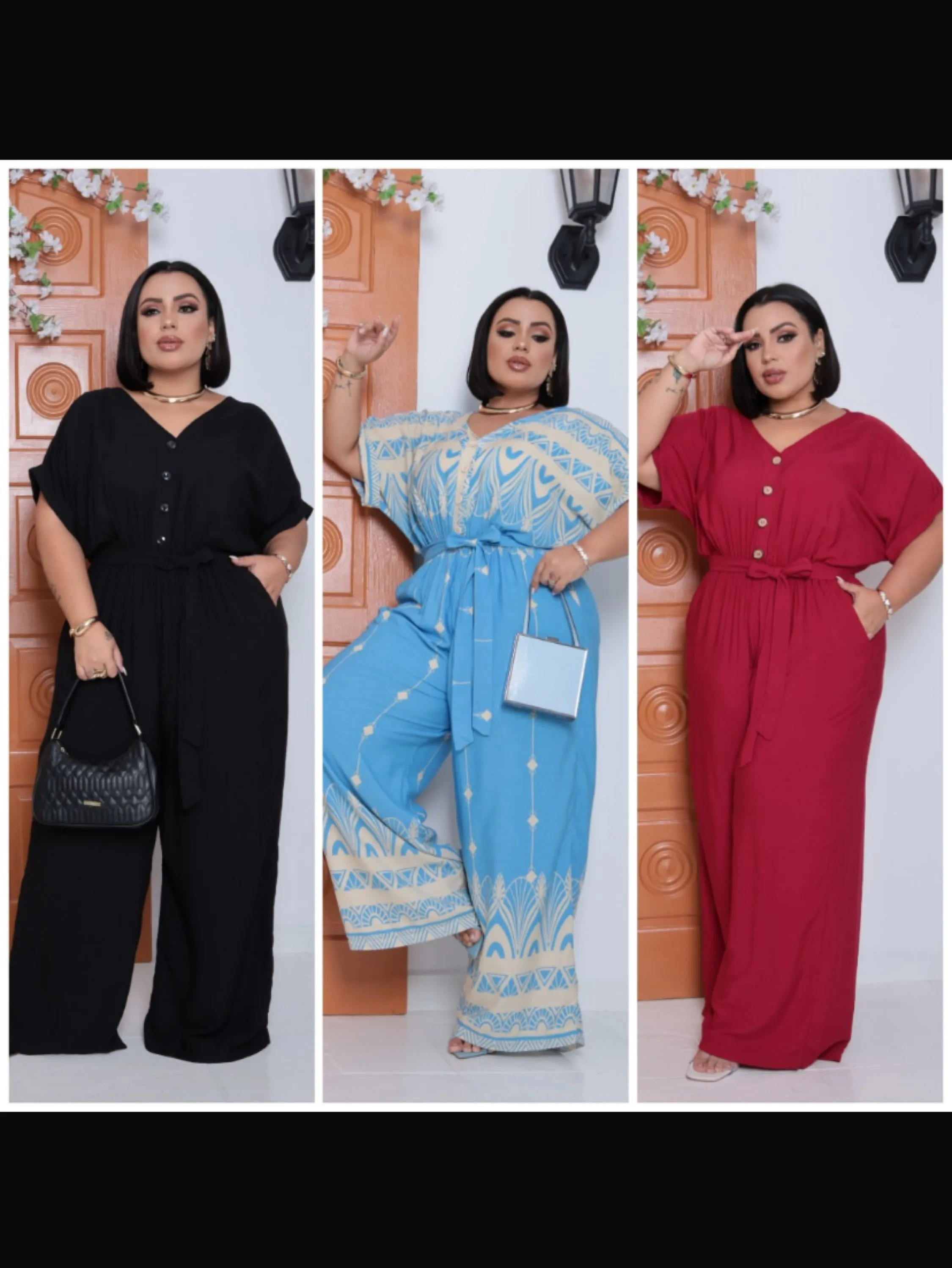 Macacão Pantalona gola V tecido viscolinho PLUS SIZE