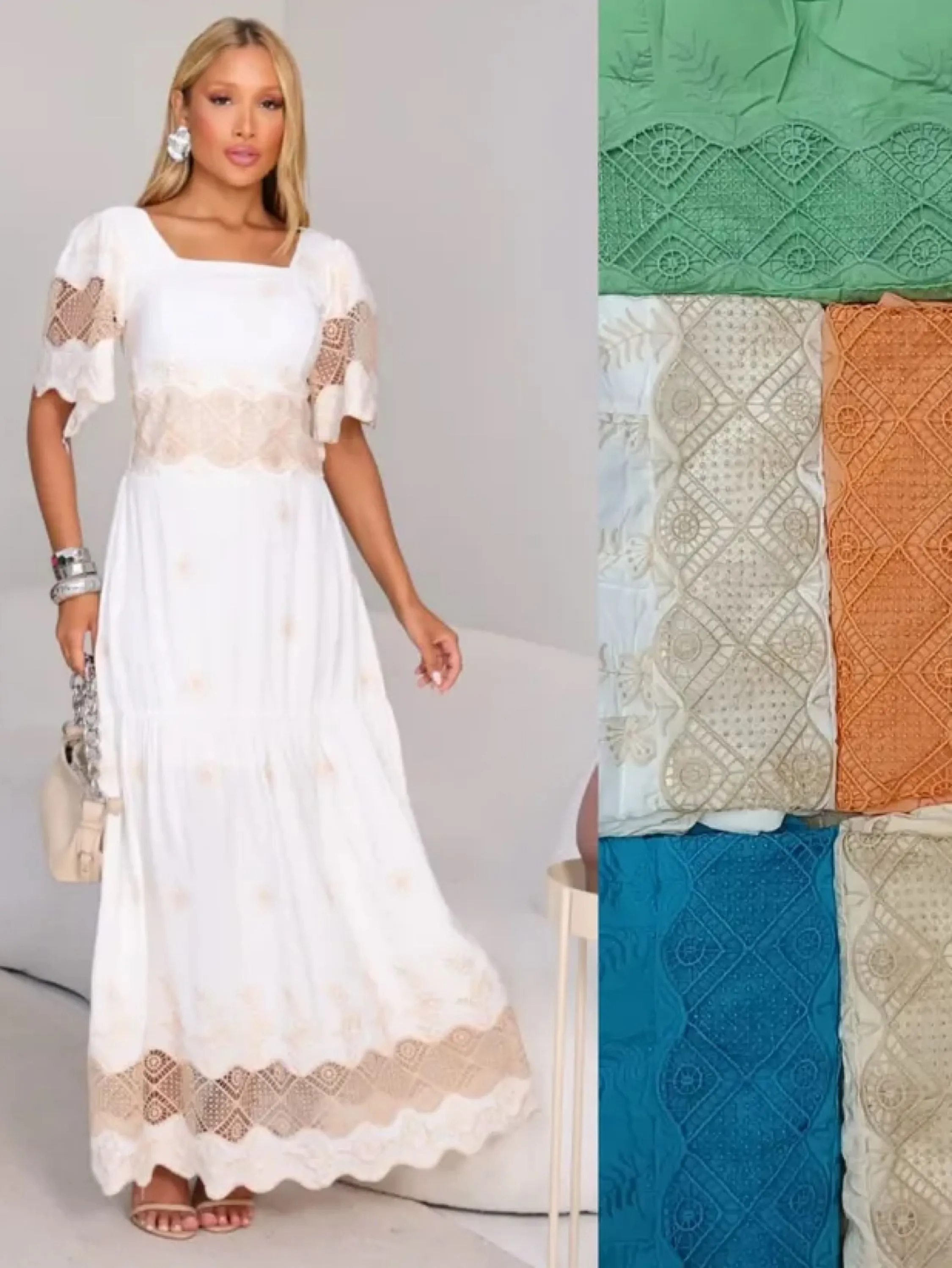 Vestido longo forrado mangas bordadas em kesse