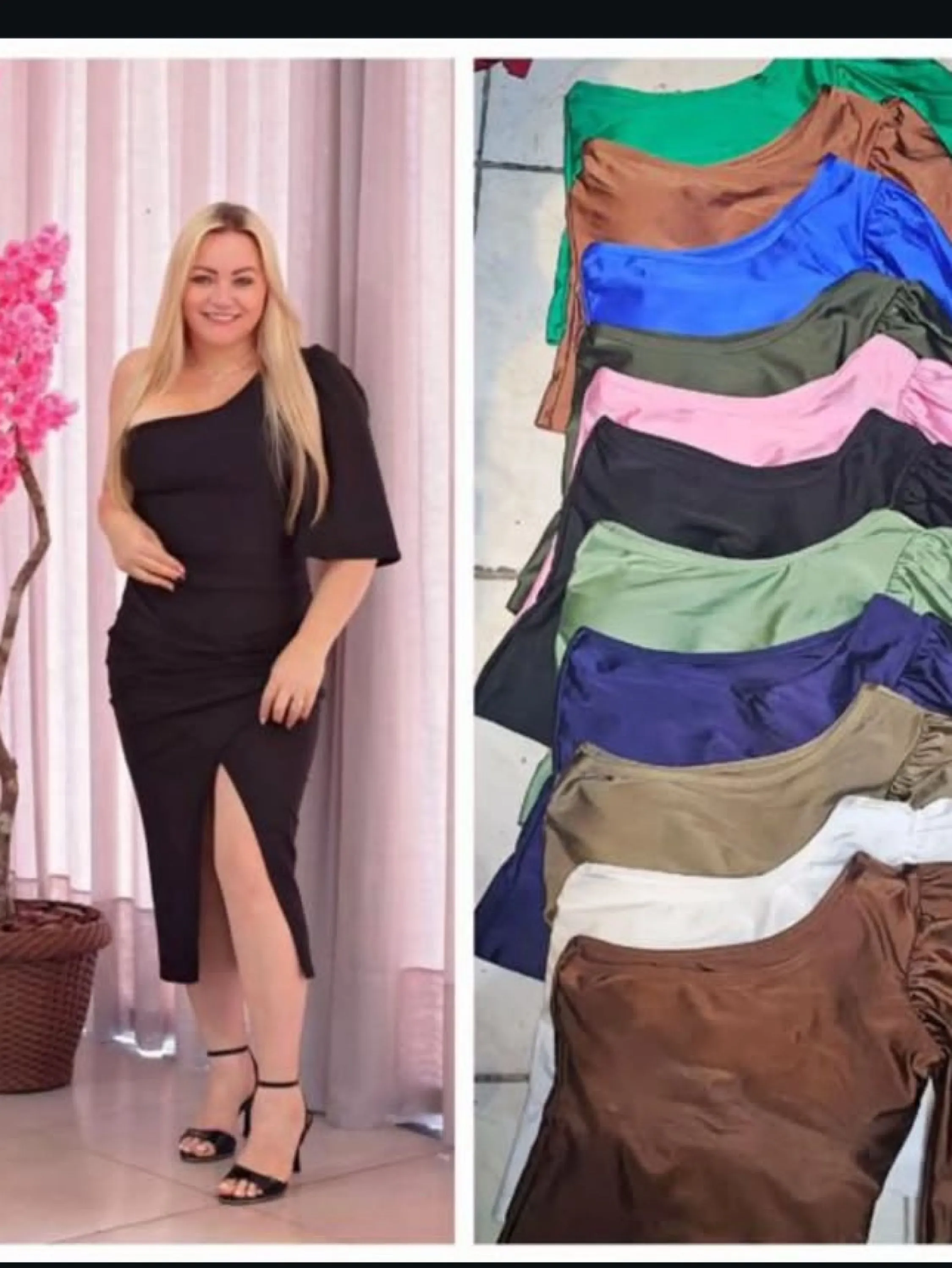 Vestido longo de uma manga com pregas e fenda