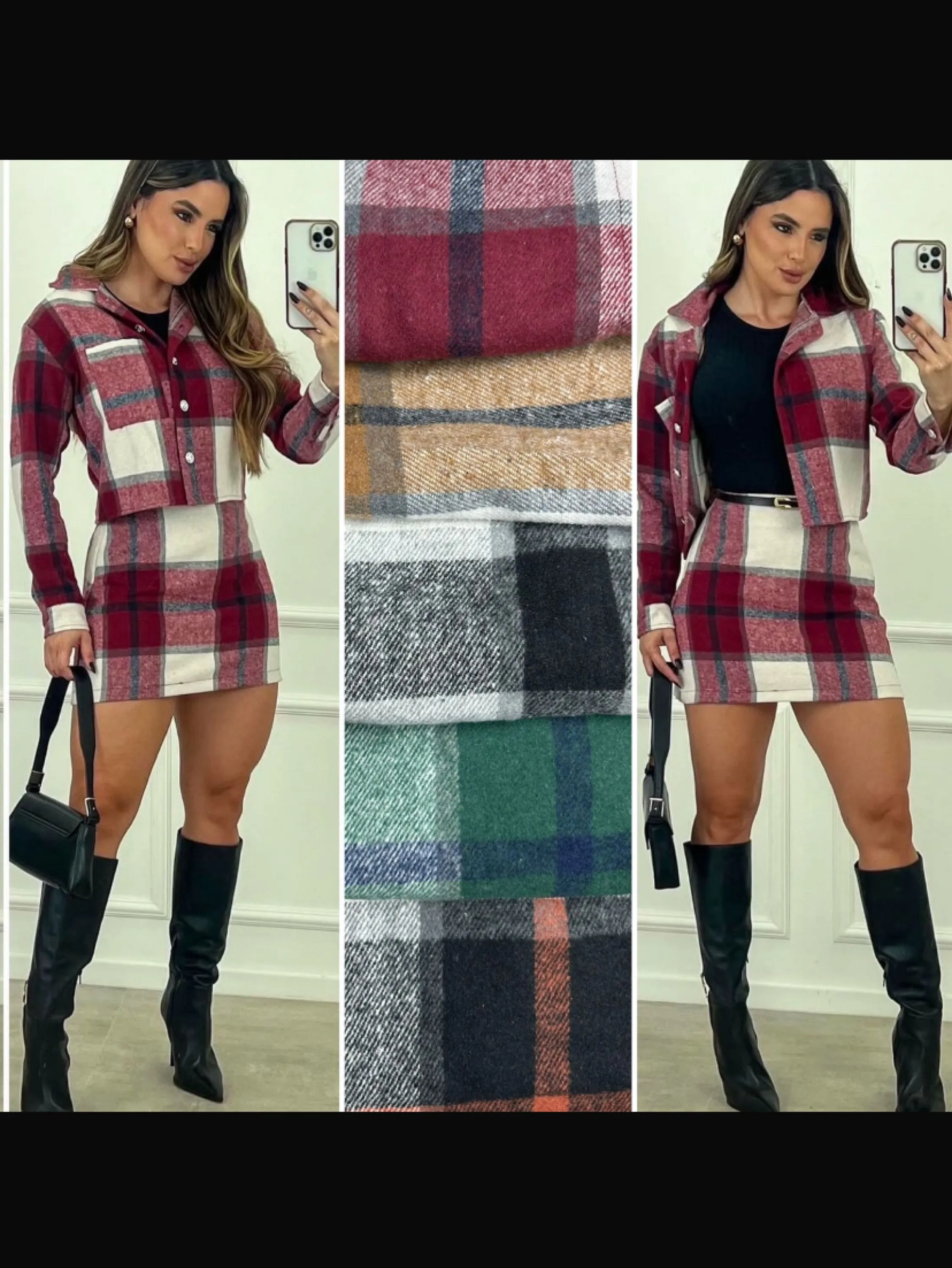 Conjunto mini saia e casaquinho tecido flanelado