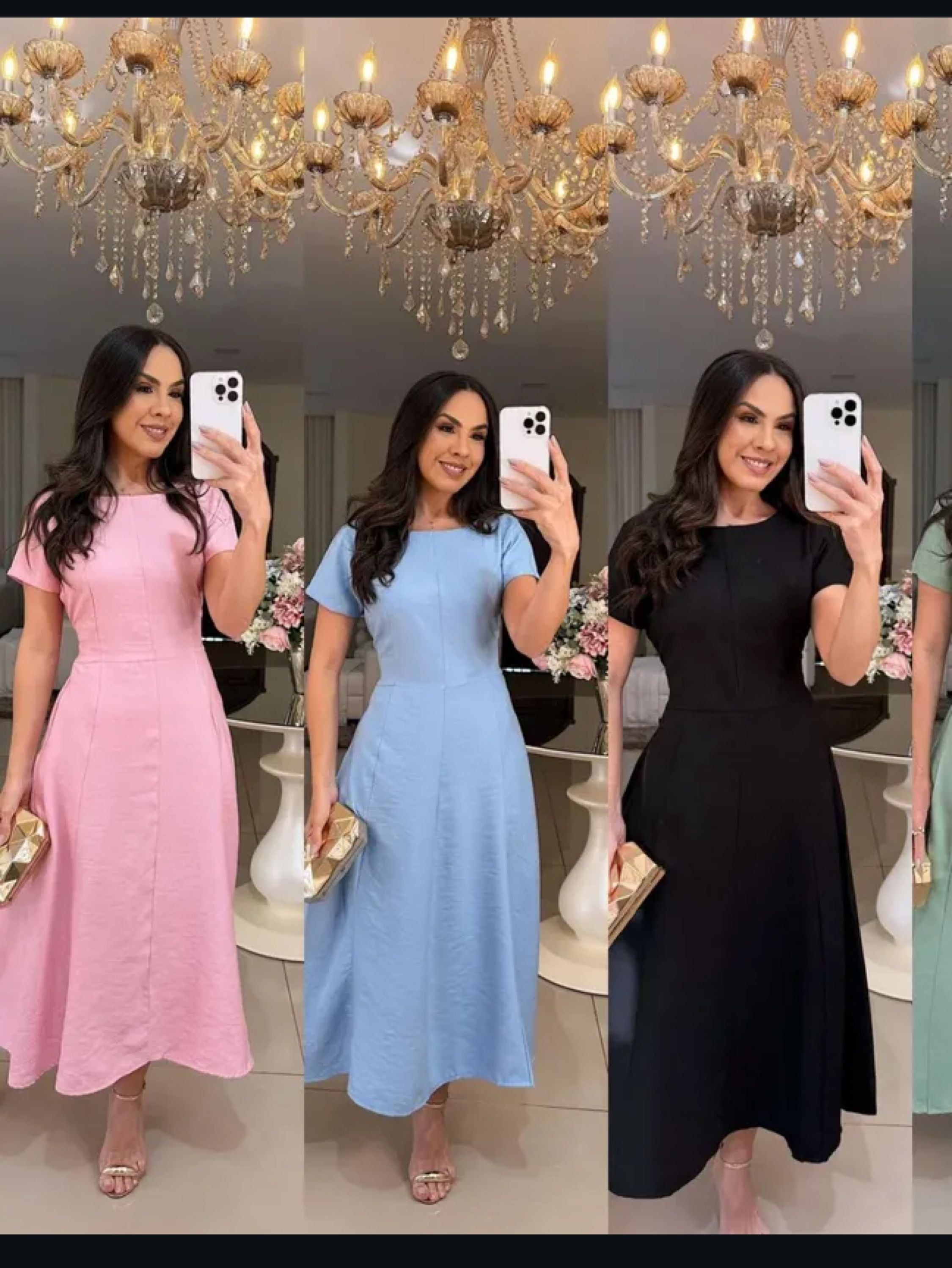 Vestido mídi de manga tecido sensorial veste até 40