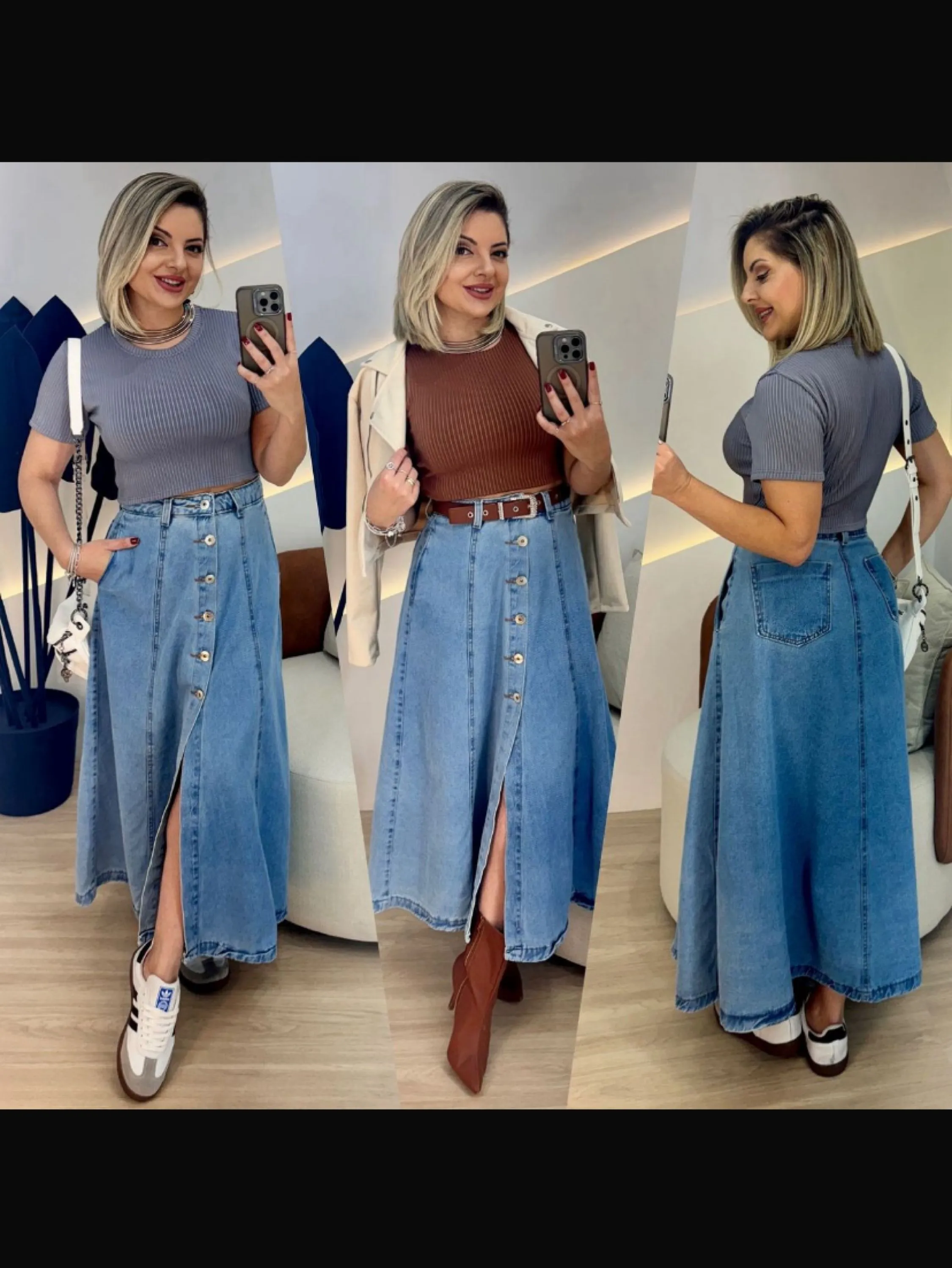 Saia midi jeans com botões