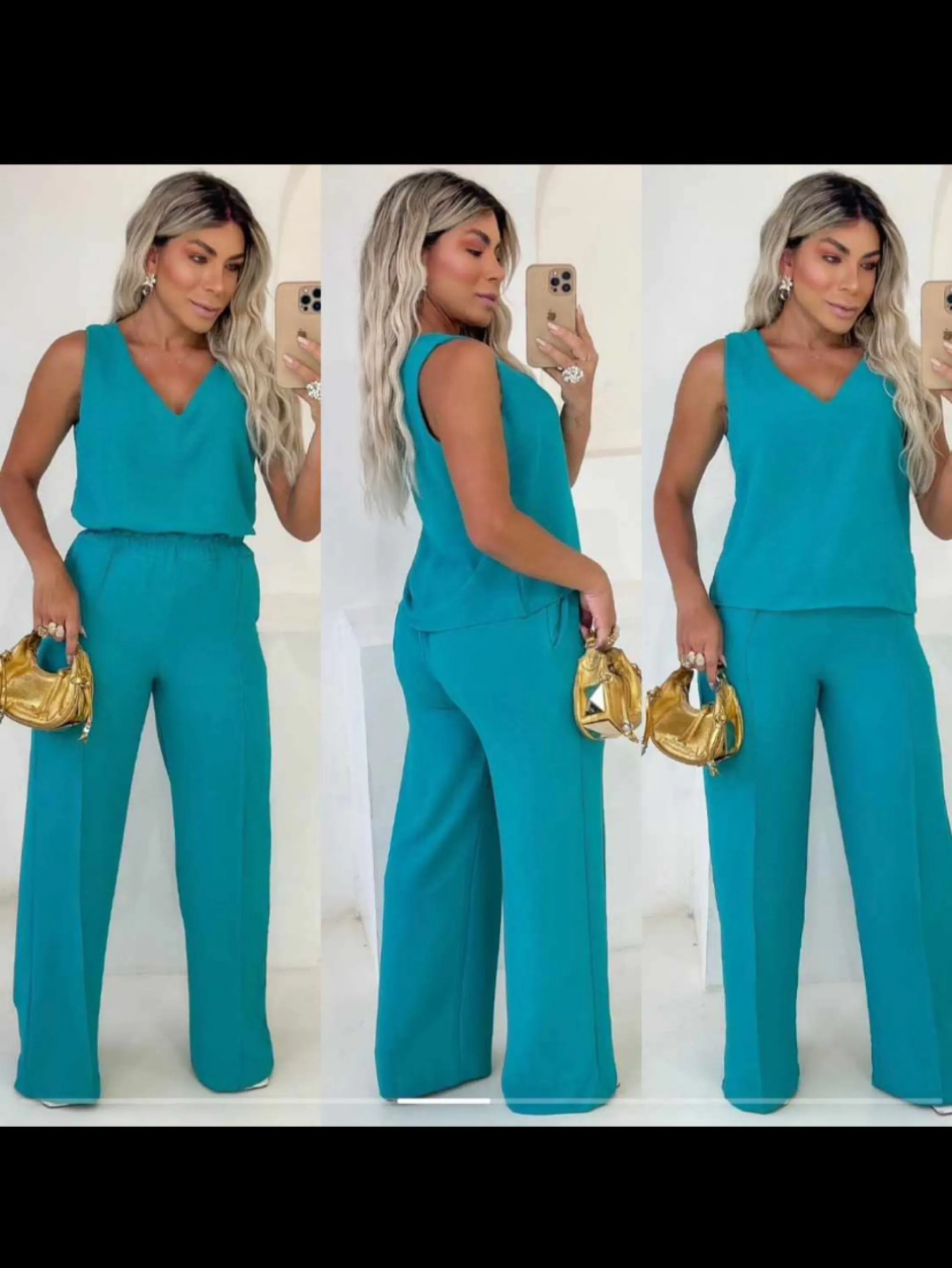 Conjunto calça pantalona forrada e blusa Plus size