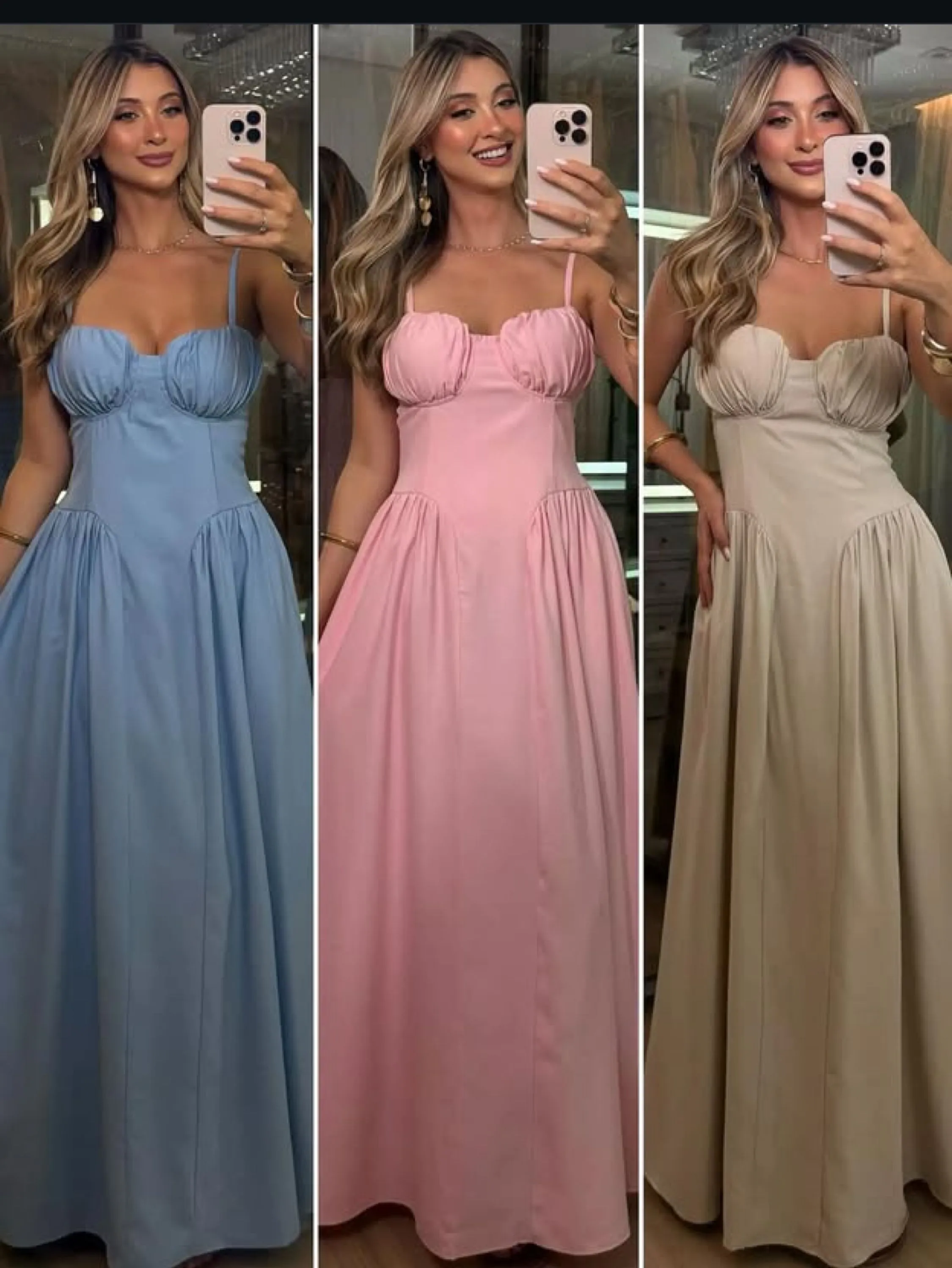 Vestido longo de alcinha com Borjo e elastex atrás