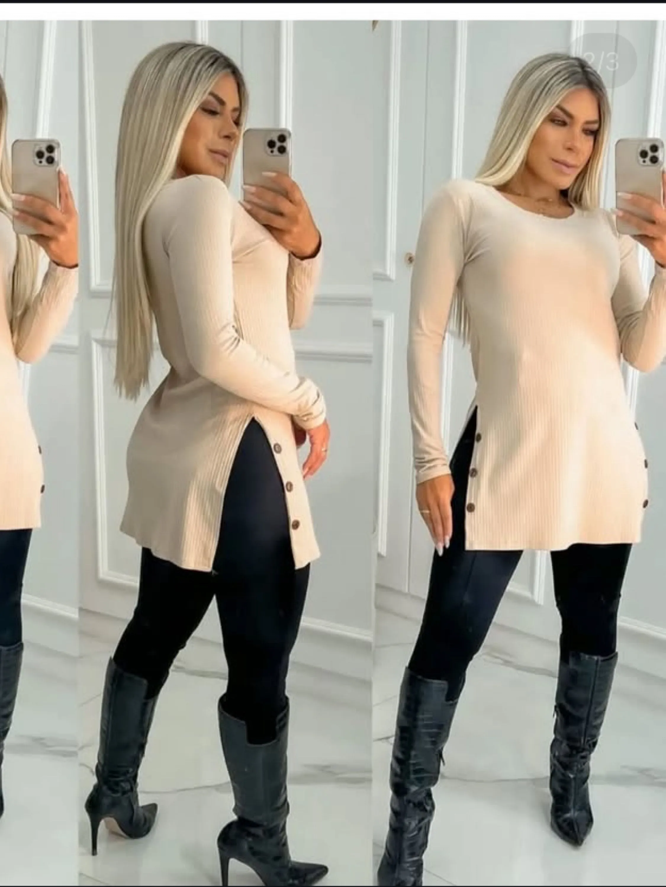 Veste legg manga longa tecido canelado/viscose