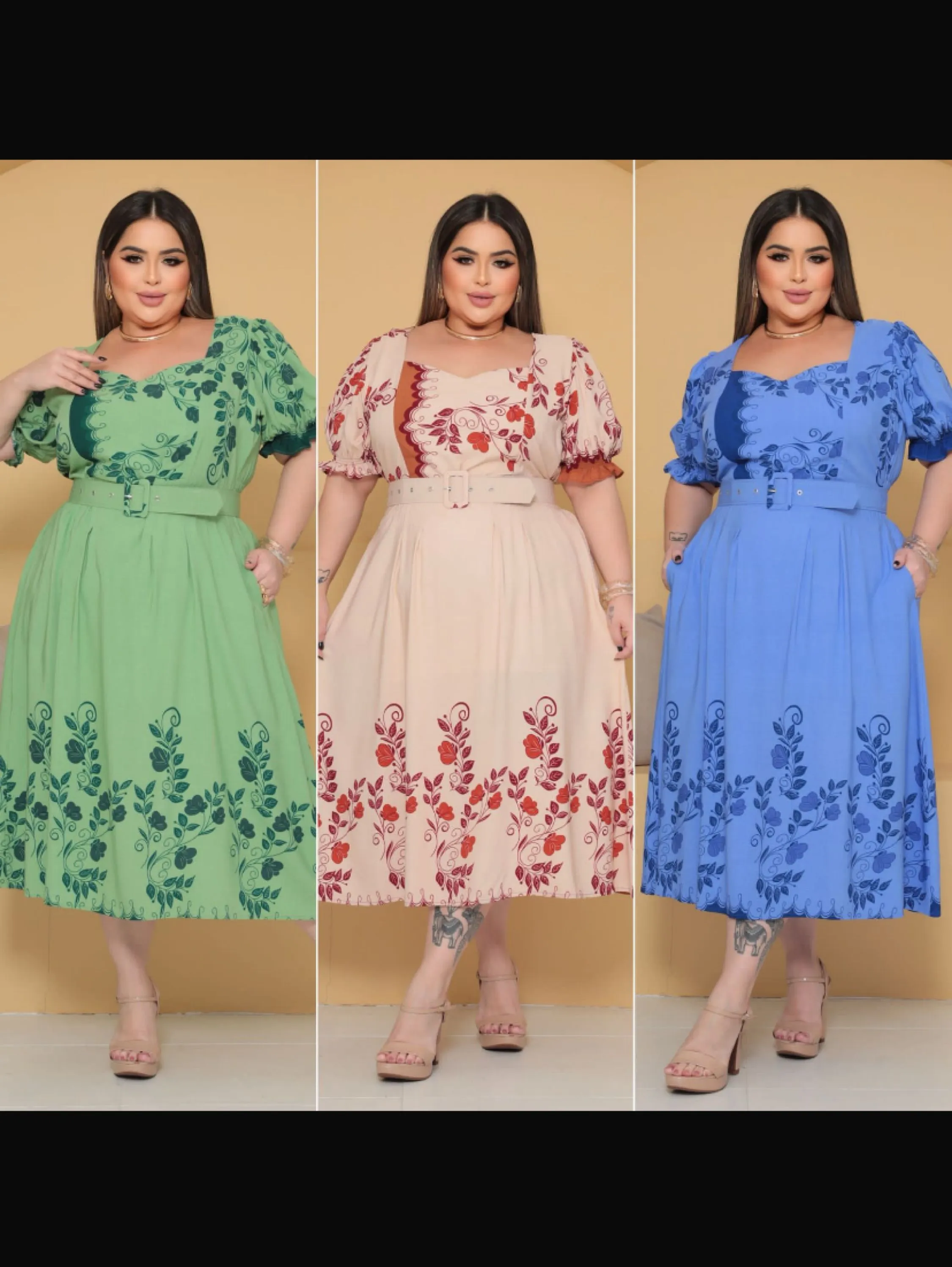 Vestido mídi com bolso e cinto forrado PLUS SIZE