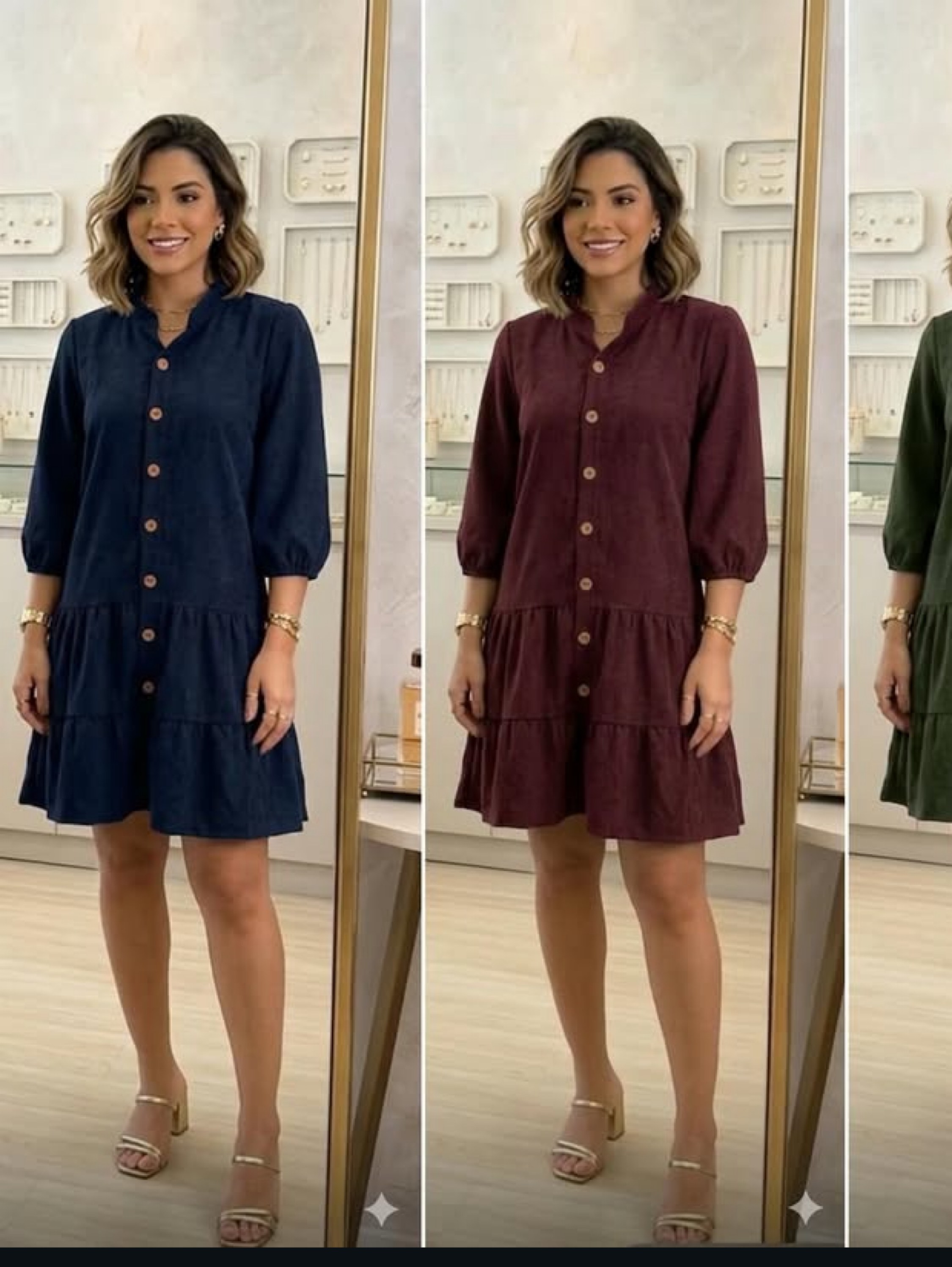 Vestido chamise curto manga 3/4