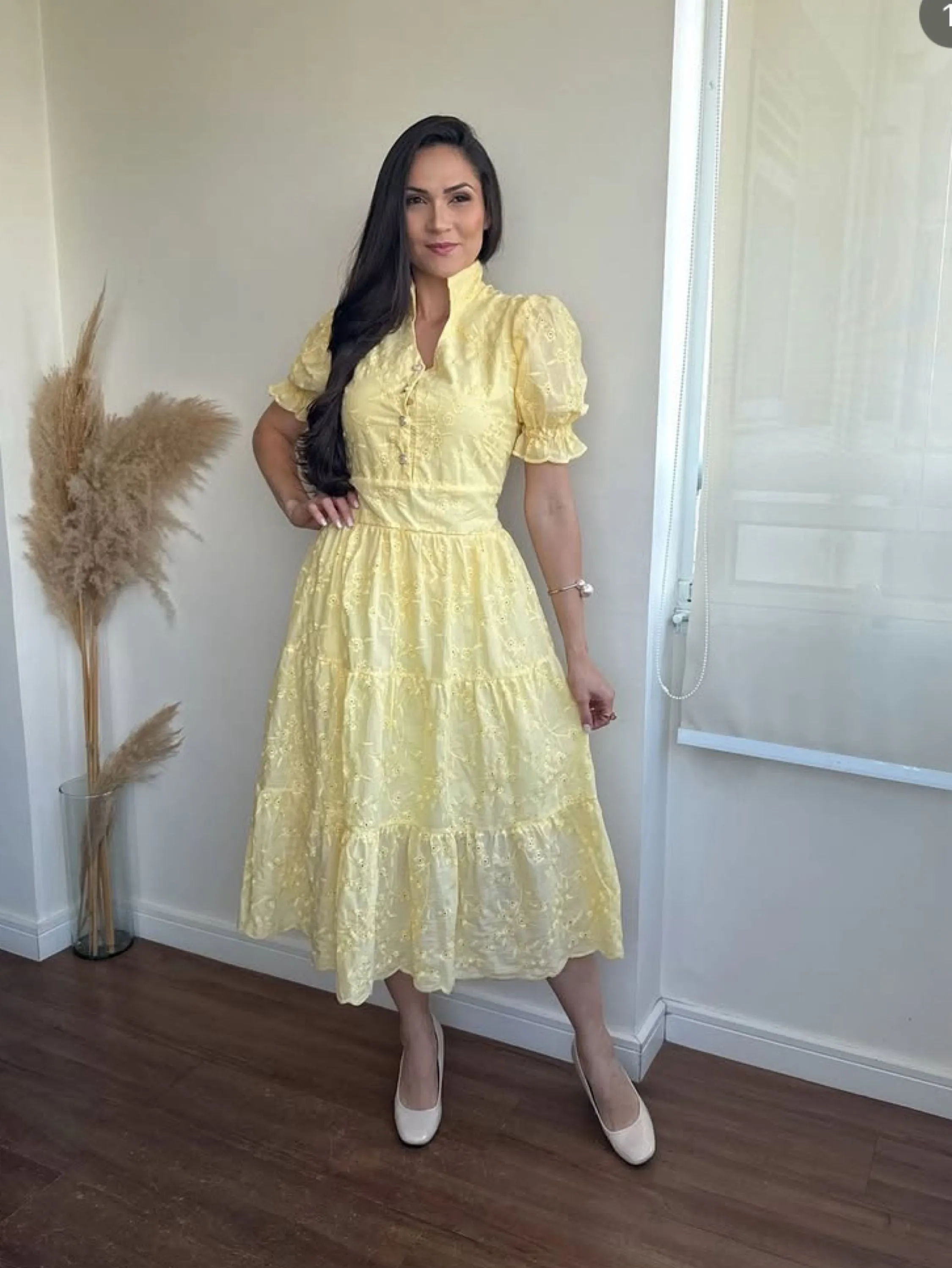 Vestido mídi manga princesa e gola de padre