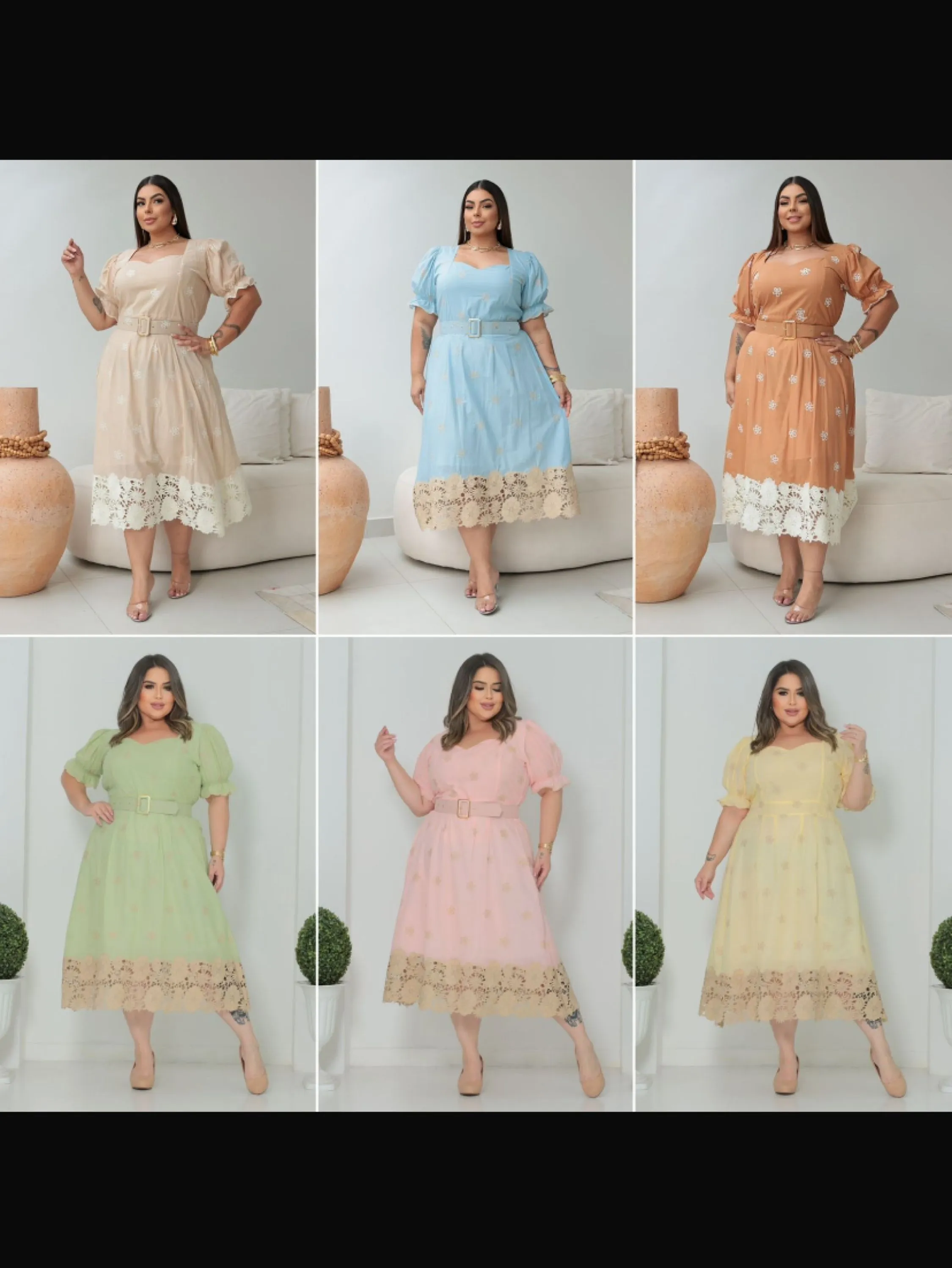 Vestido mídi forrado com barra bordada