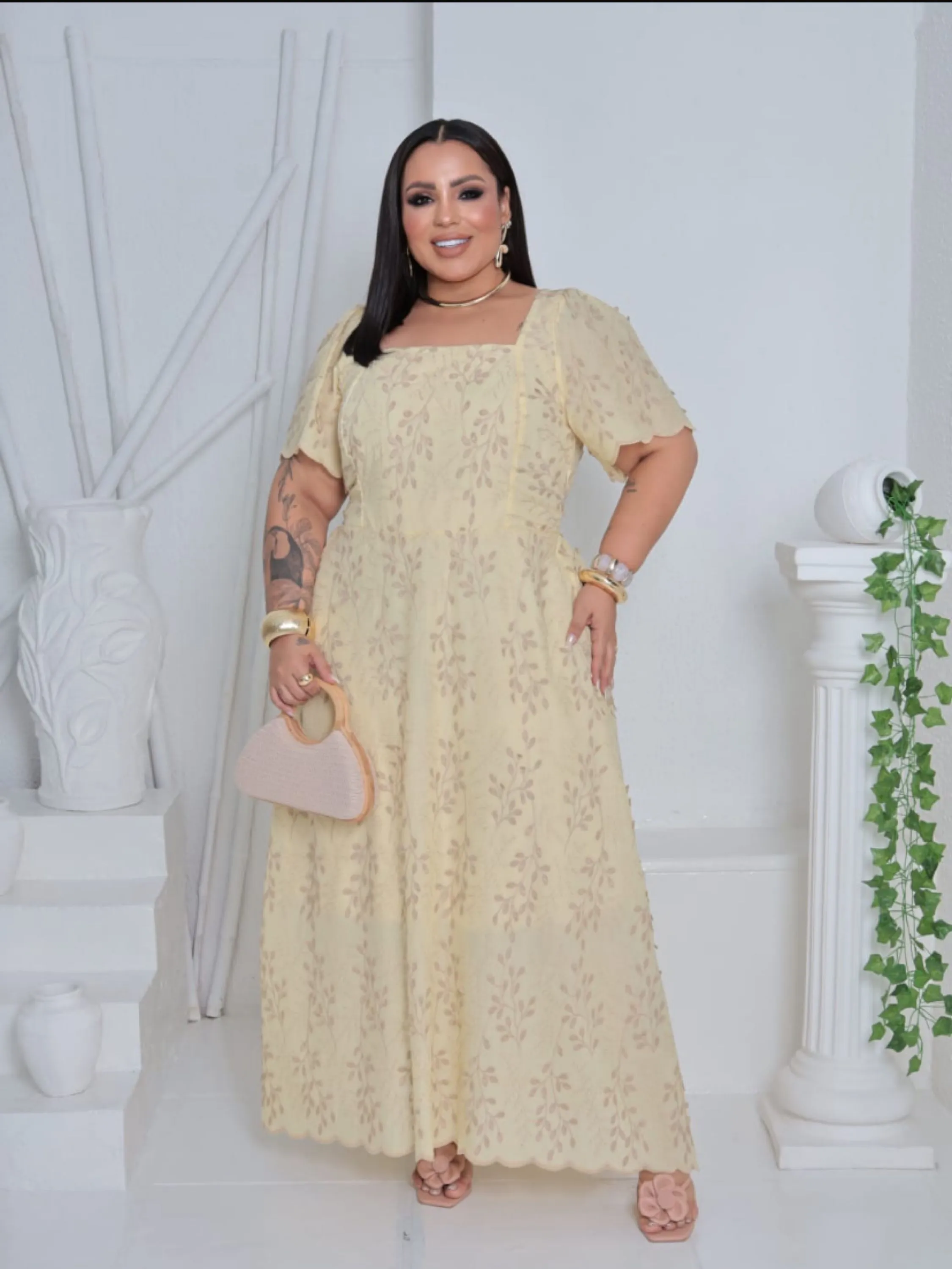 Vestido longo forrado de manga