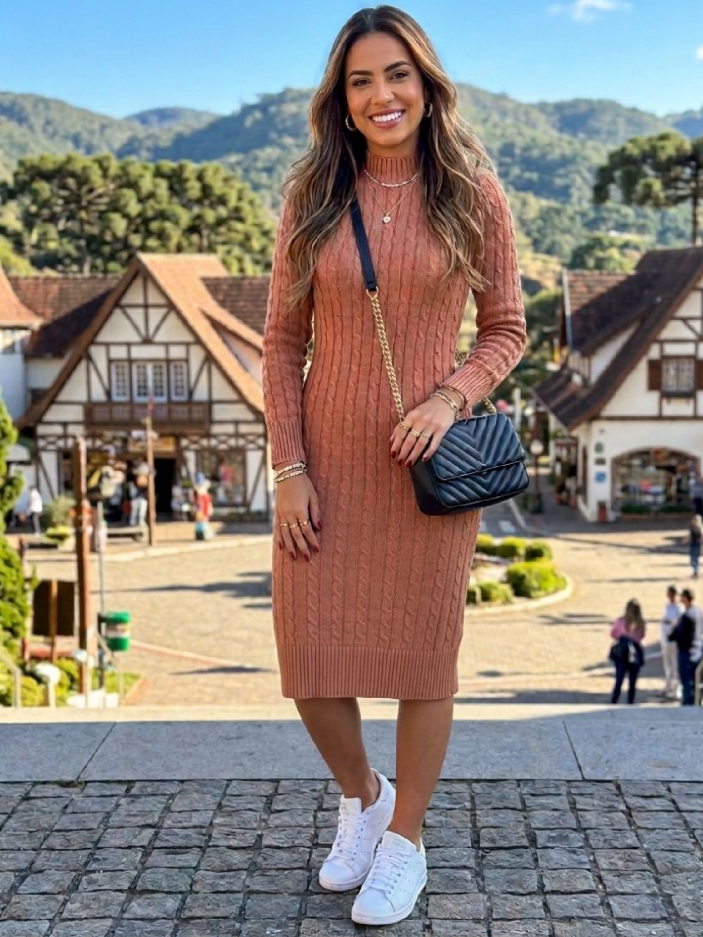 Vestido mídi manga longa