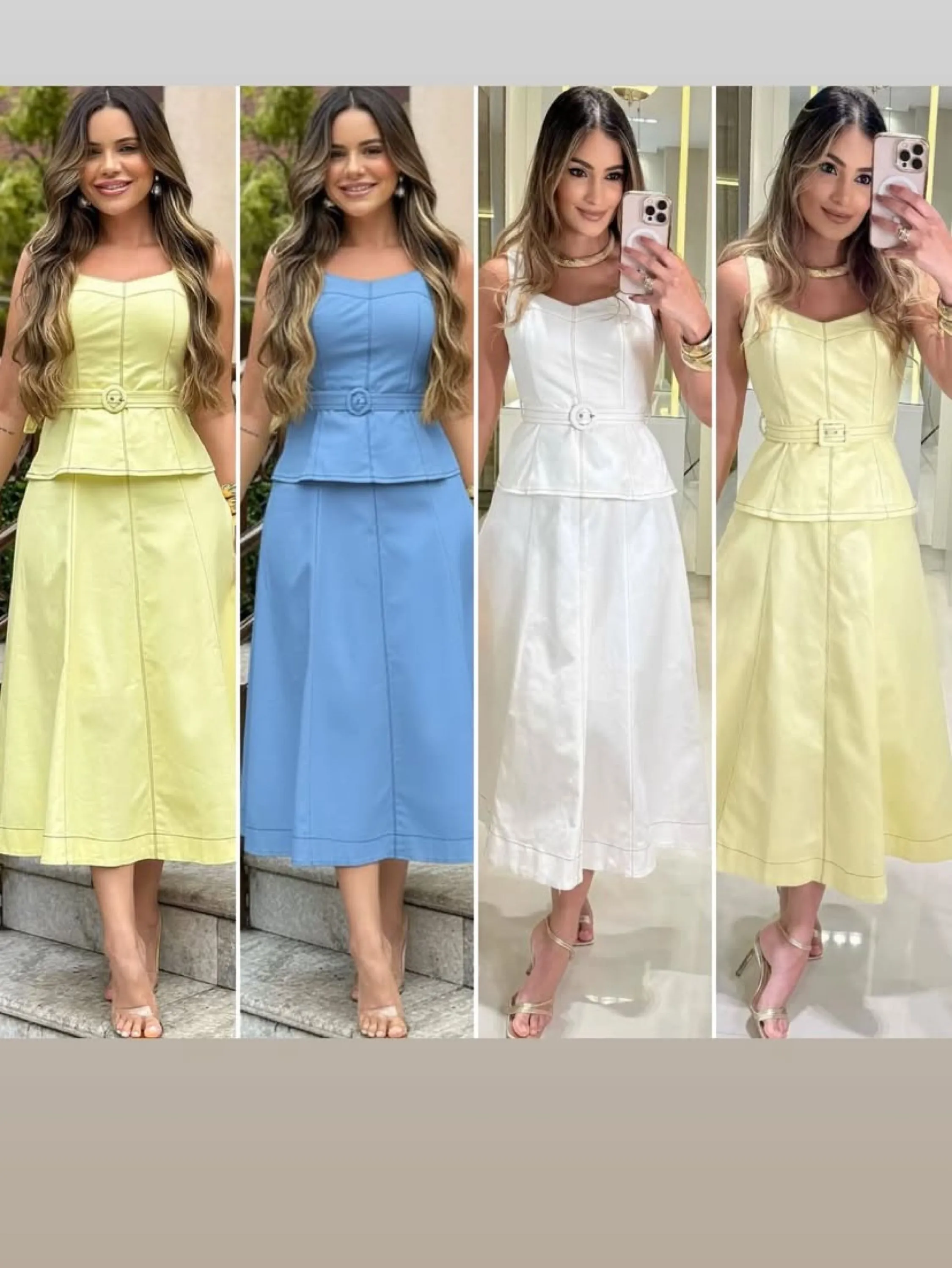 Conjunto saia mídi e blusa alça larga e cinto