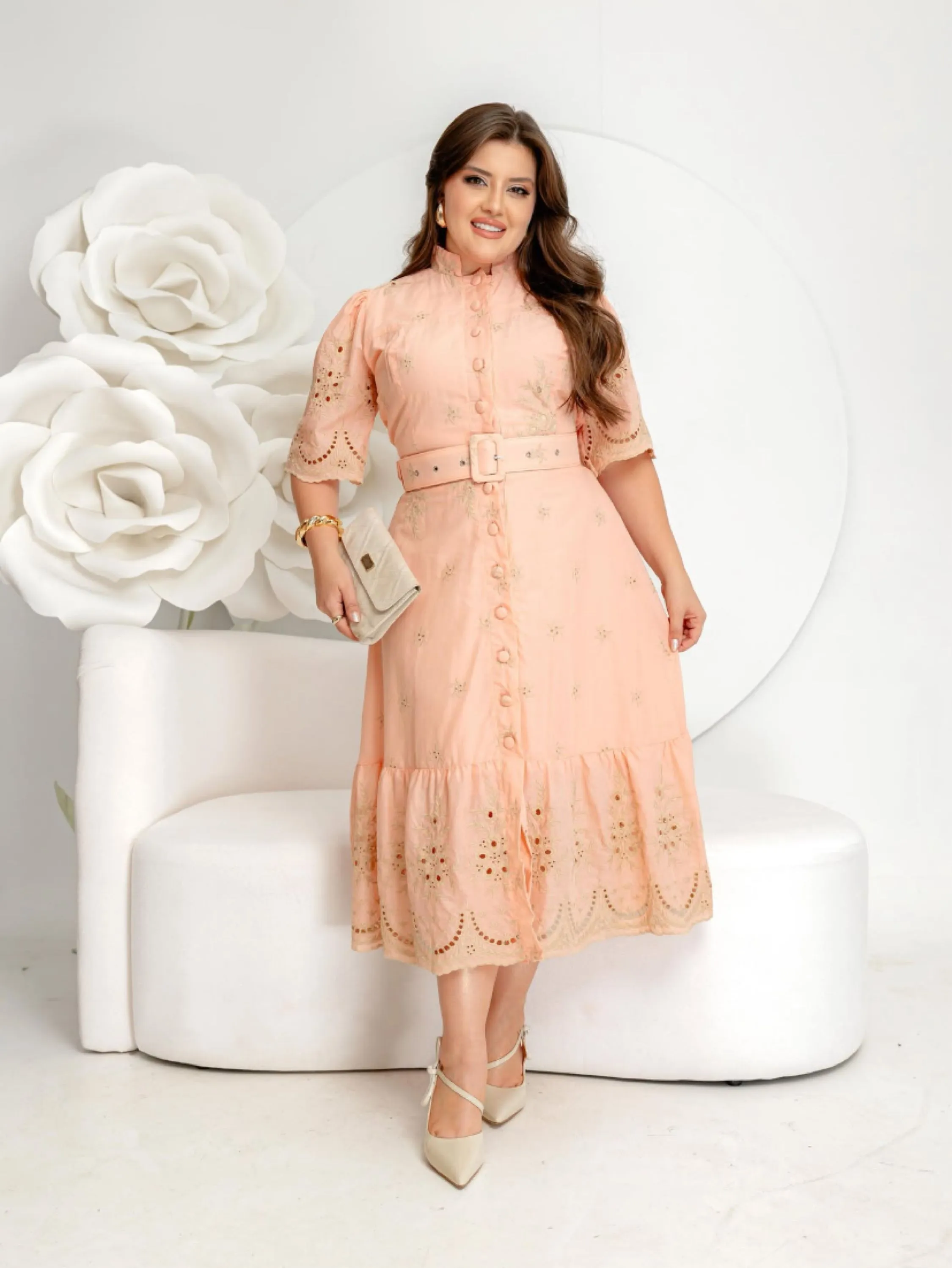 Vestido longuete barrado forrado com botões