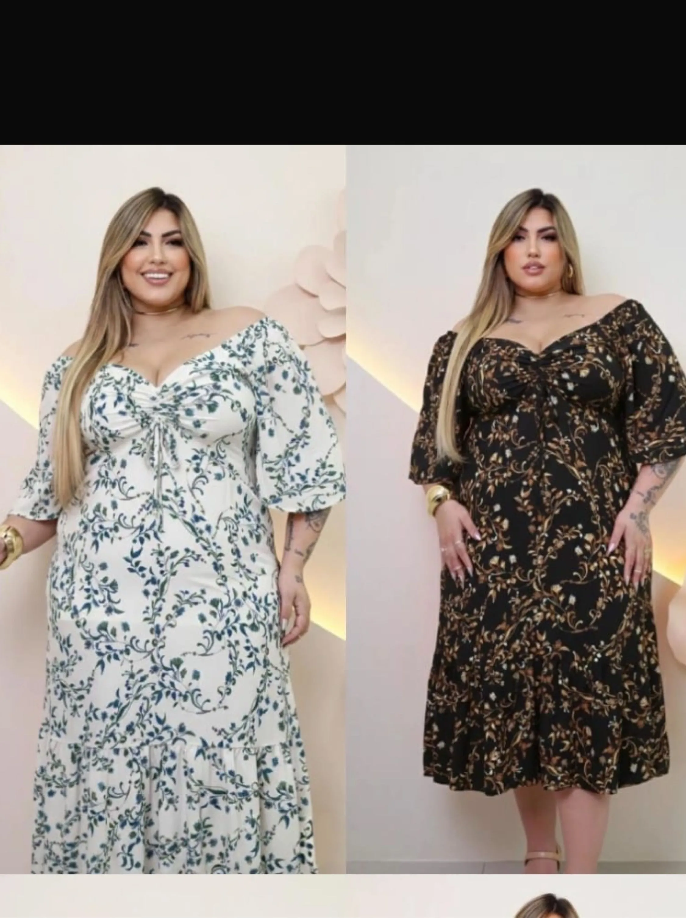 Vestido Alice midi floral decotado ,manga 3/4 Plus size