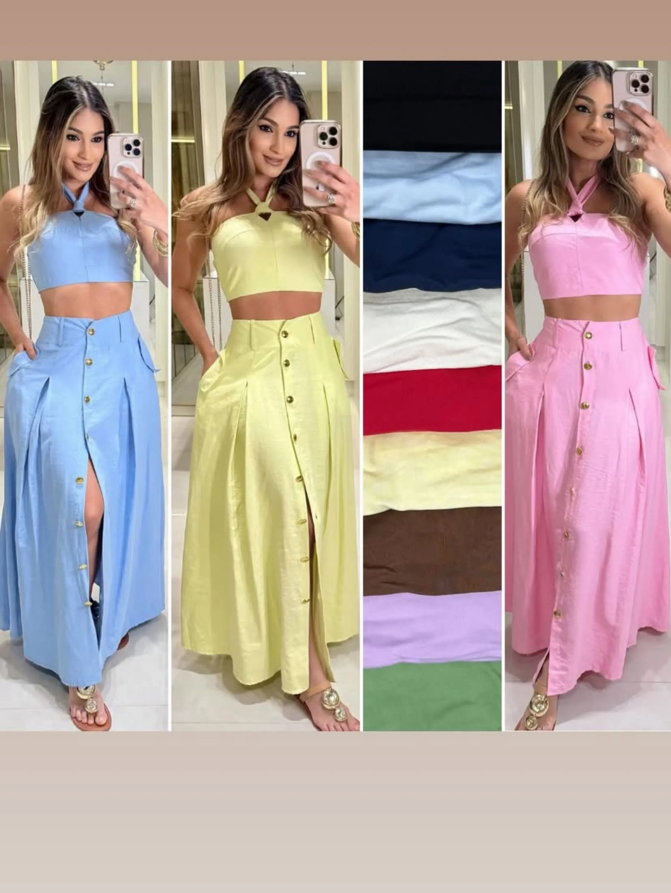 Conjunto saia longa com botões e bolsos e crooped