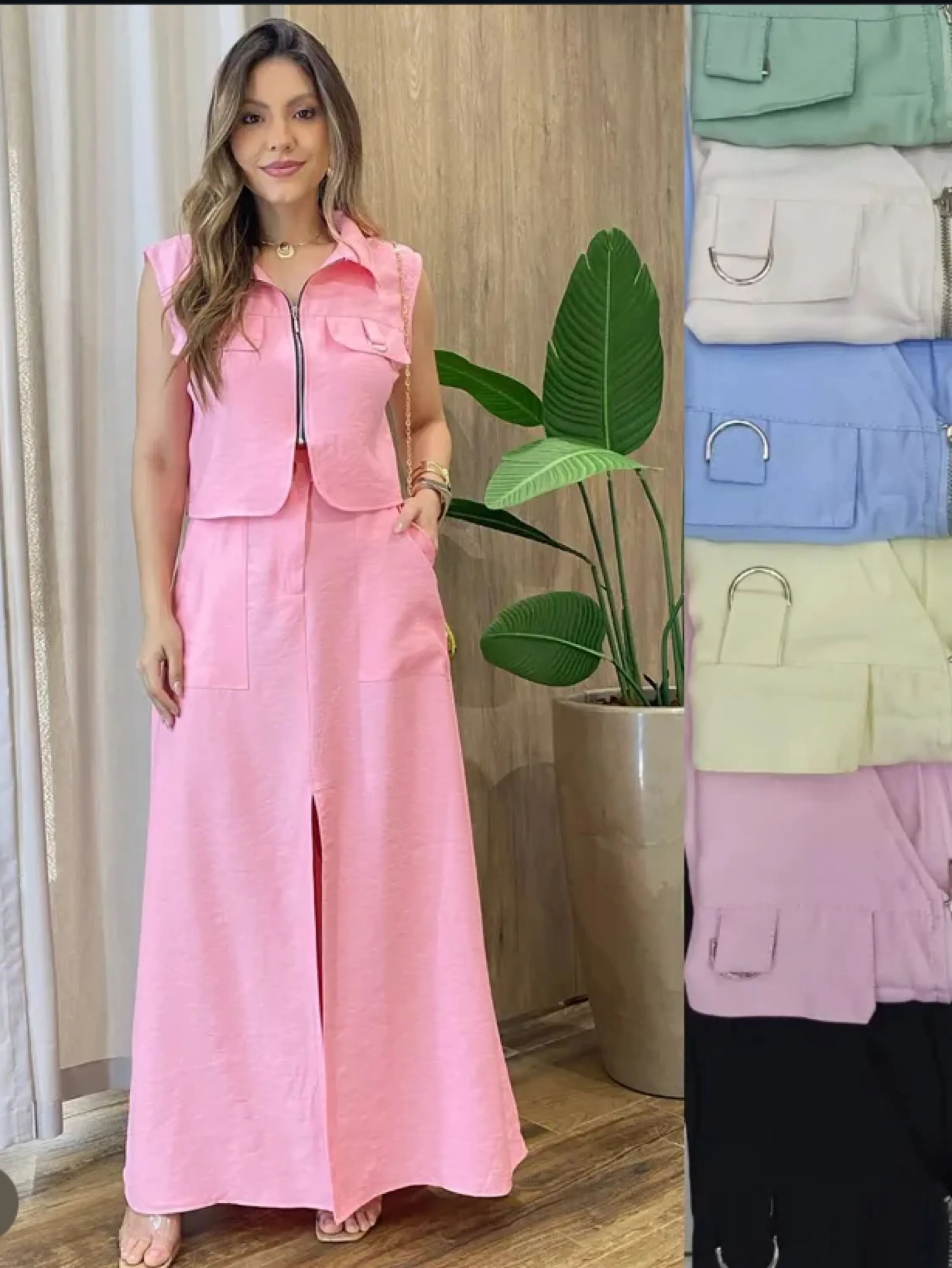 Conjunto saia longa com fenda frontal e colete