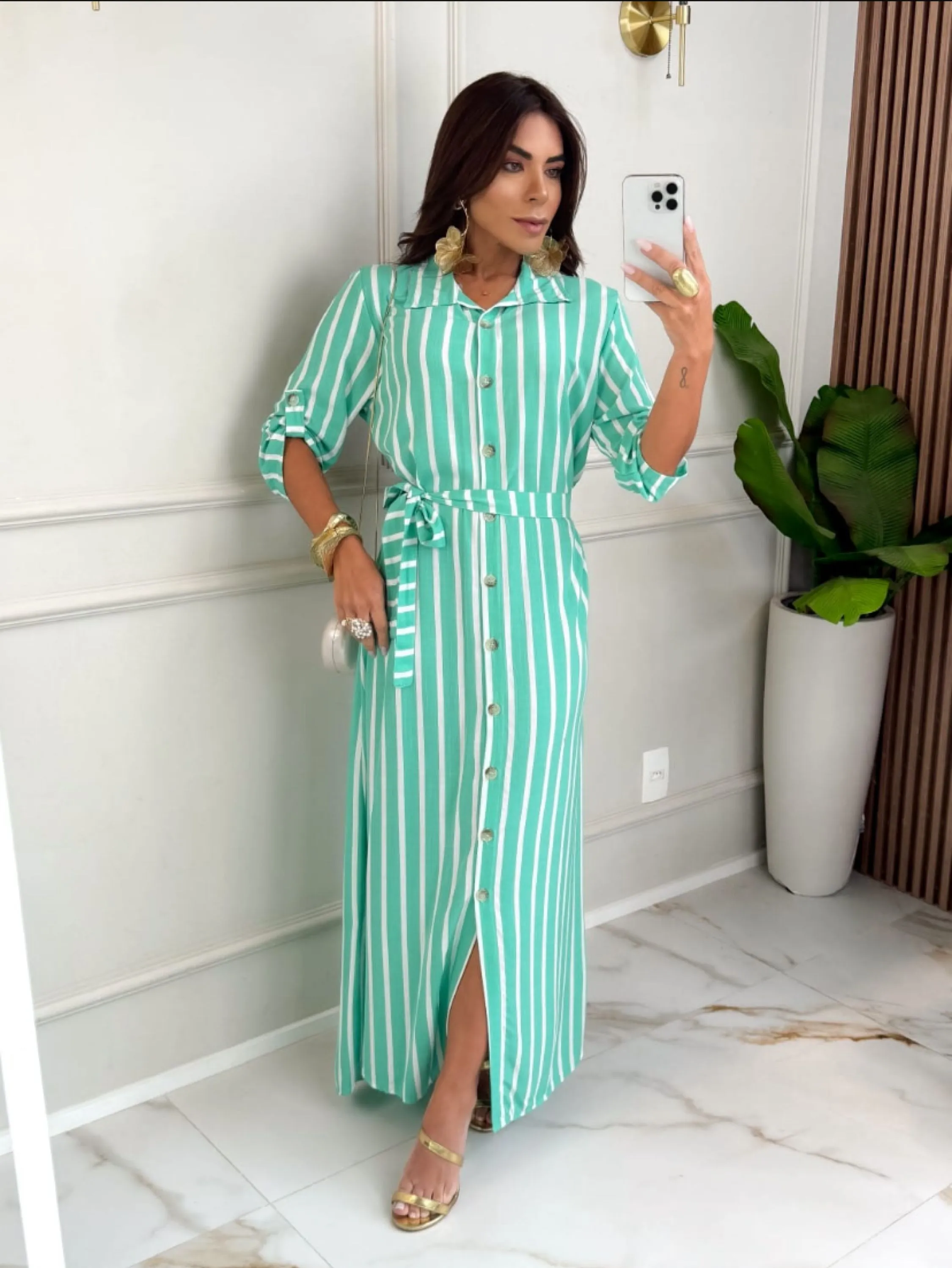 Chamise listrada longa manga 3/4 regulável