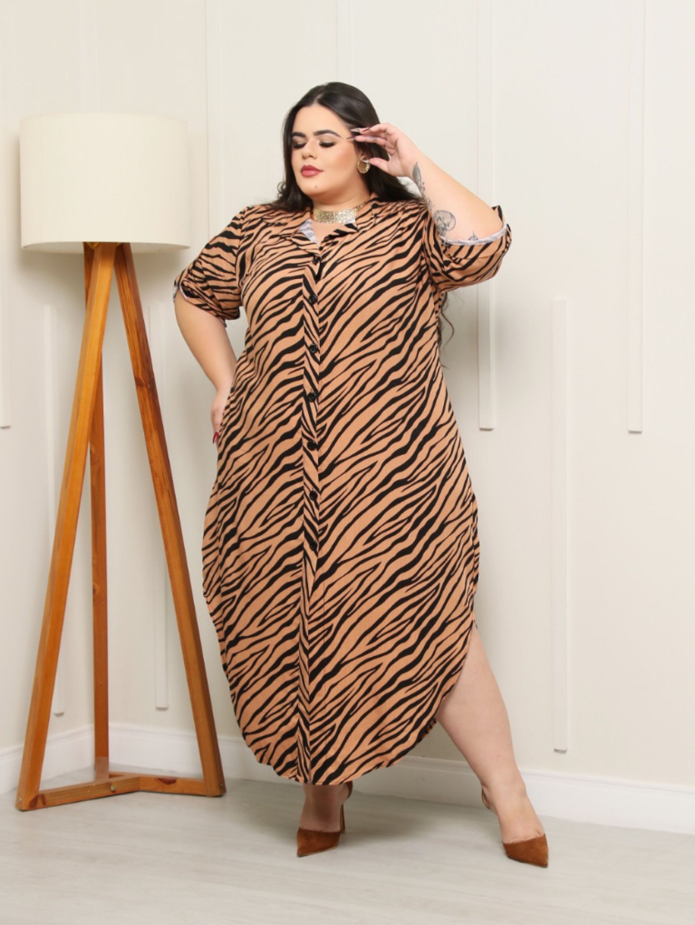 Chamise longa manga 3/4 Plus size tecido visco linho