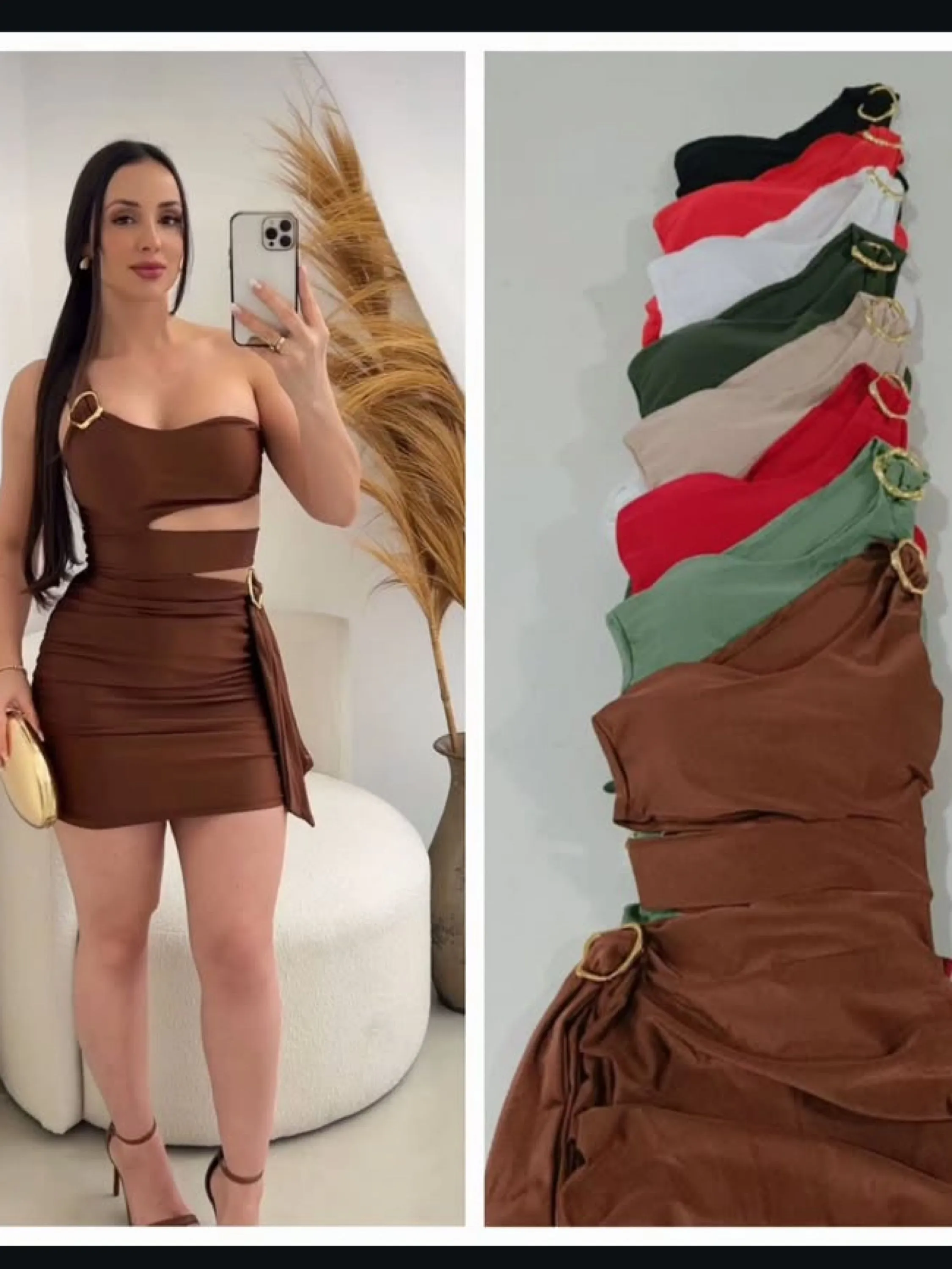 Vestido curto de uma manga com detalhe em fivela