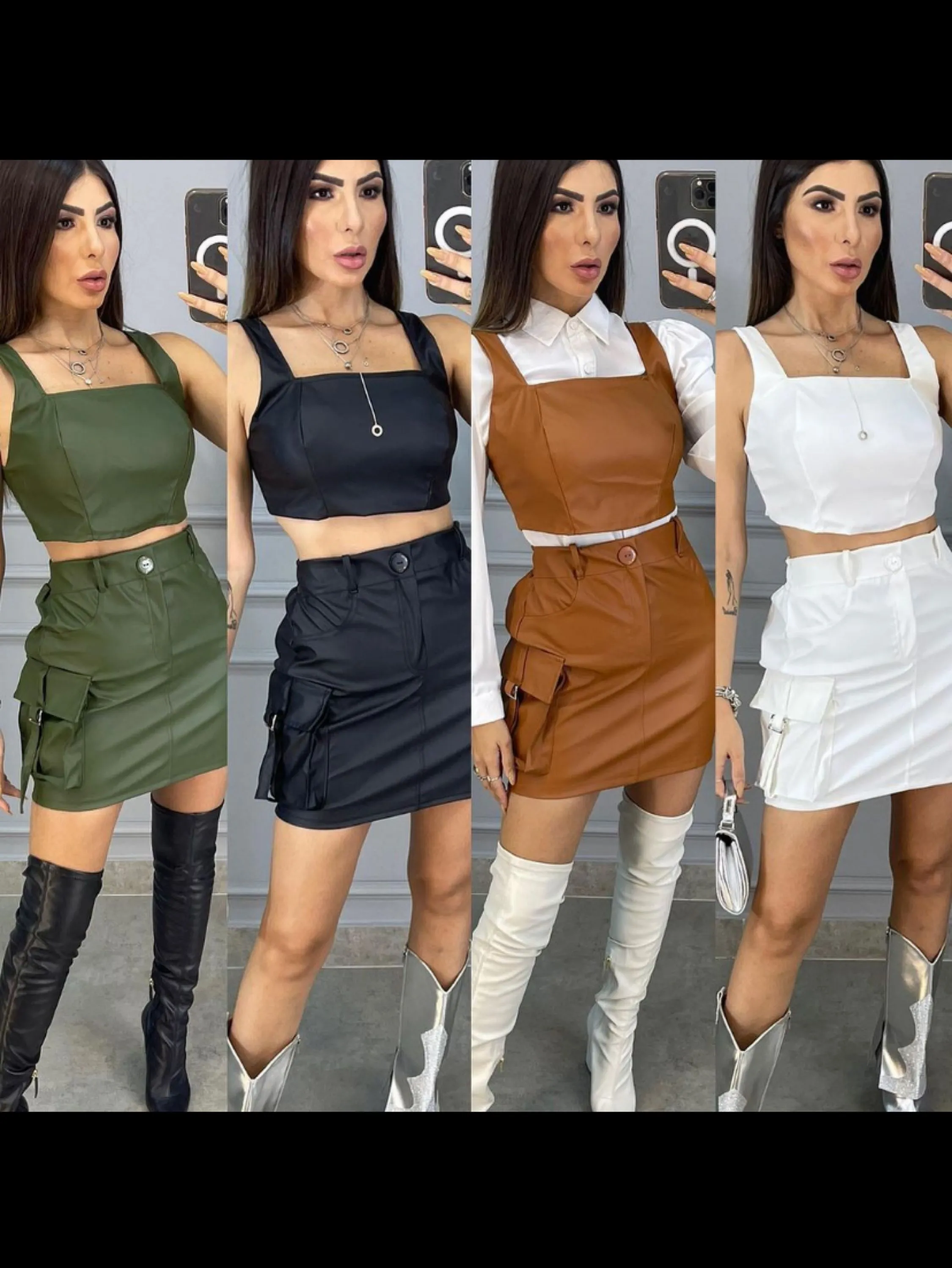 Conjunto mini saia cargo e corselet tecido couro fake