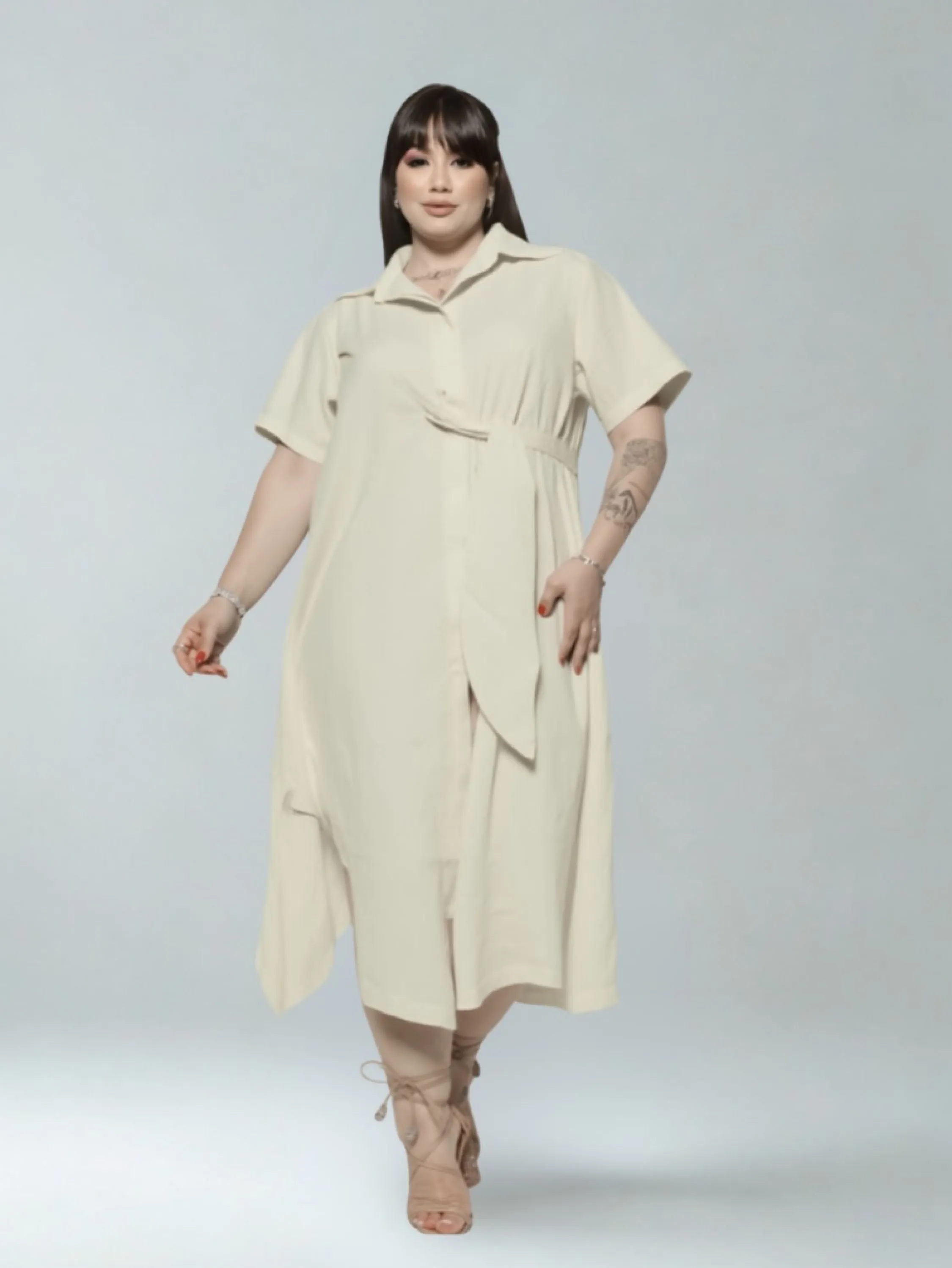 Chamise longa manga curta Plus size tecido visco linho