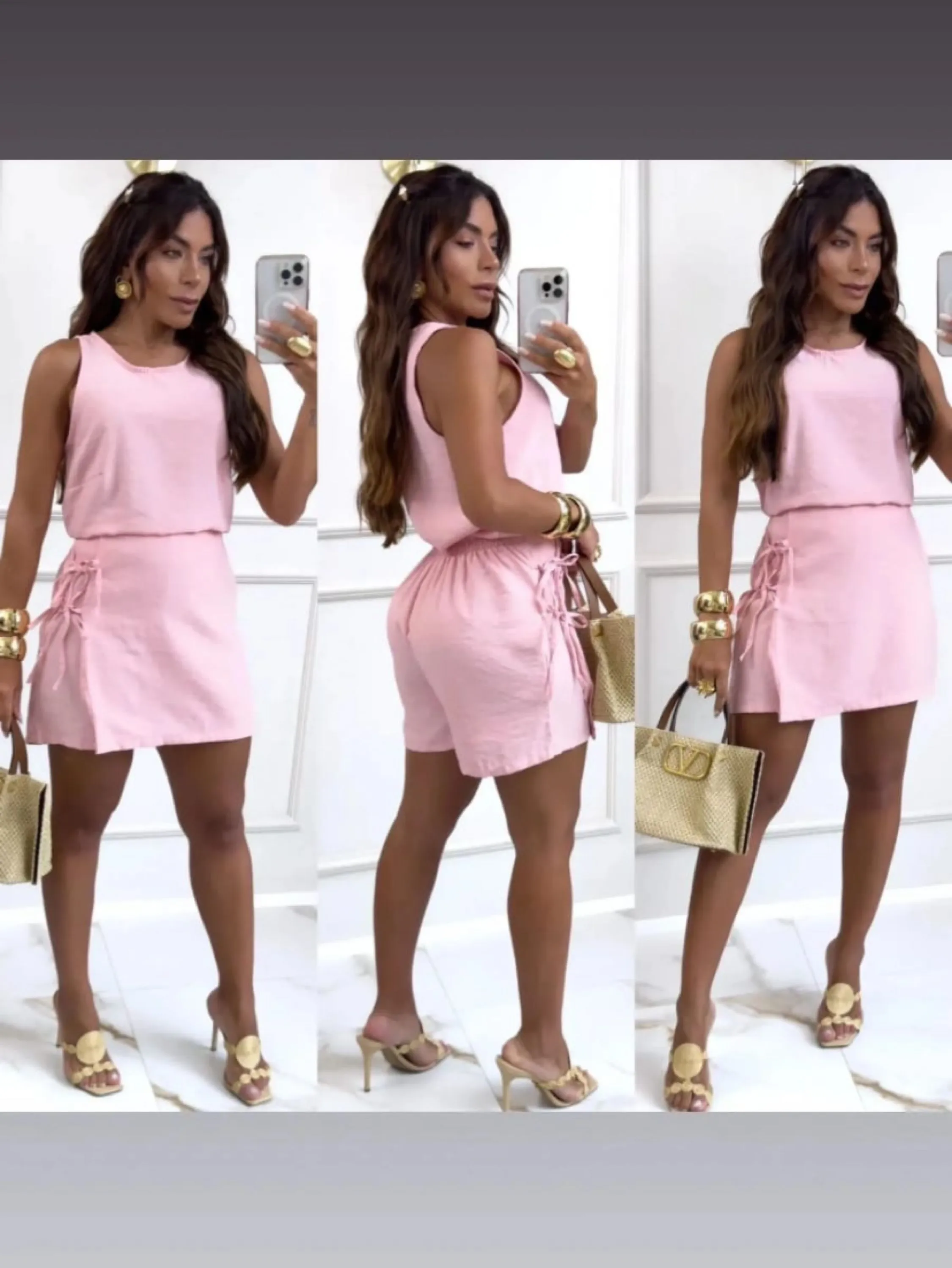 Conjunto laço ,shorts saia e blusa regata