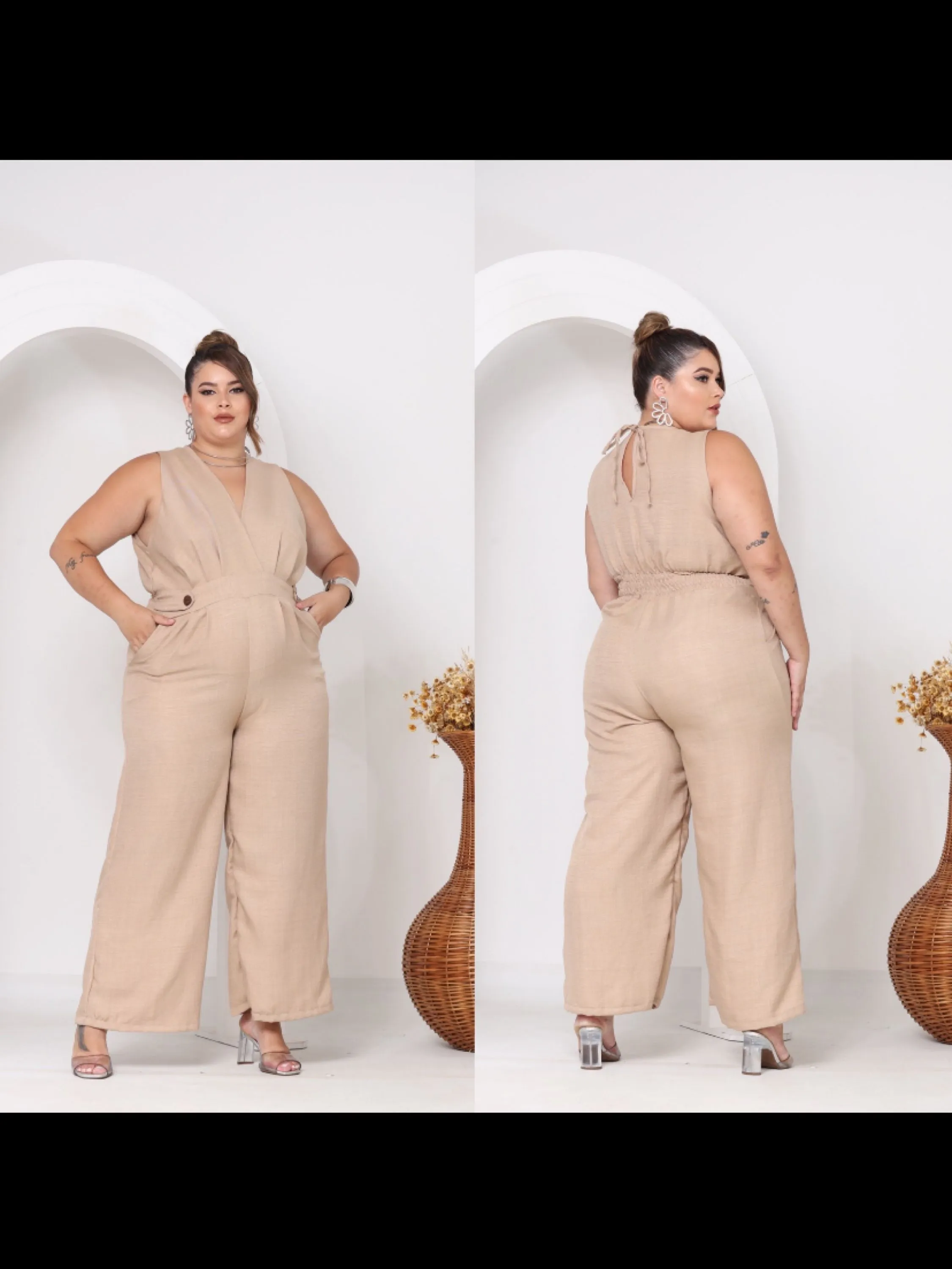 Macacão plus size tecido duna linho veste do gg ao g2