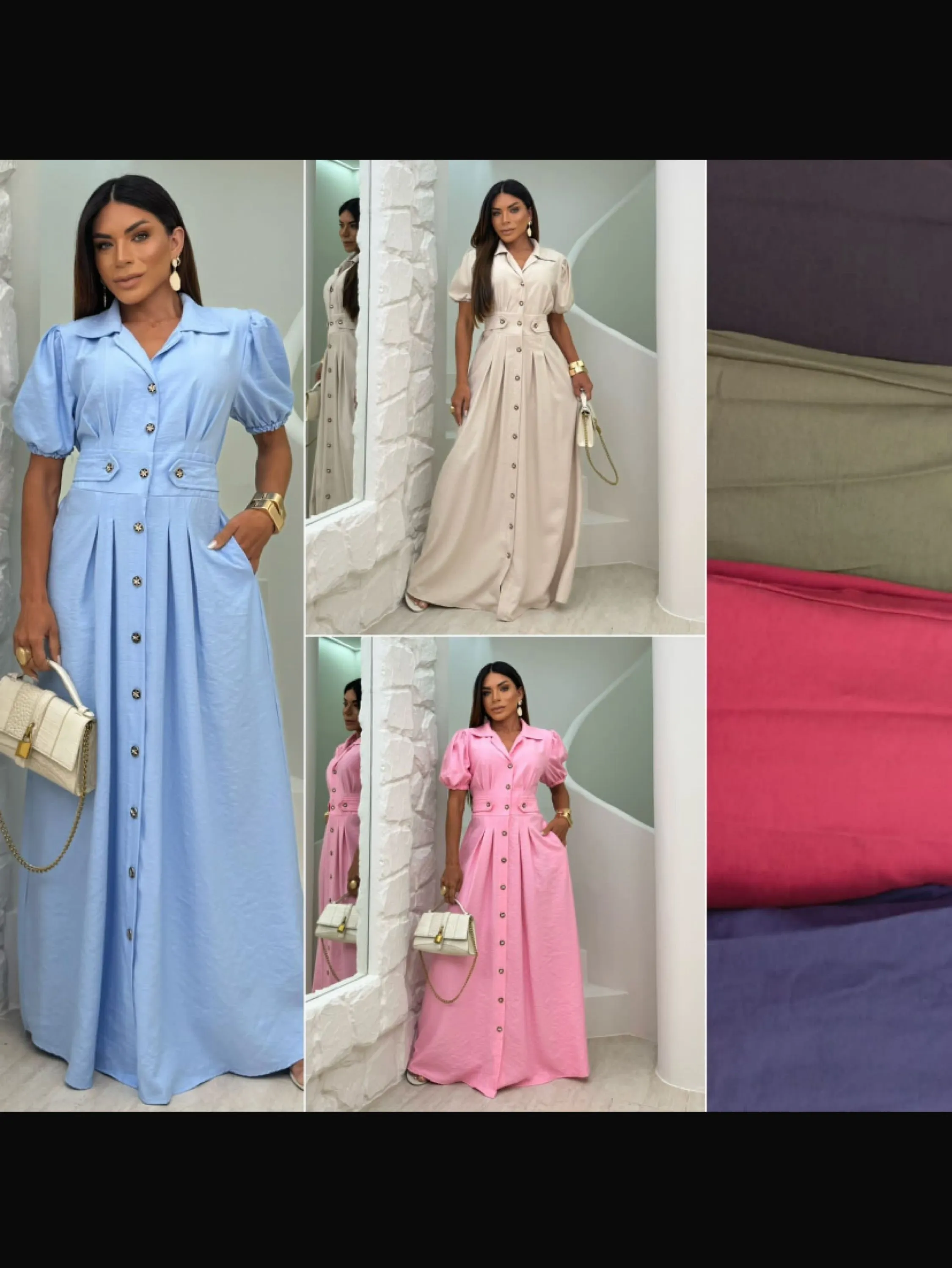Vestido longo manguinha bufante com bolso